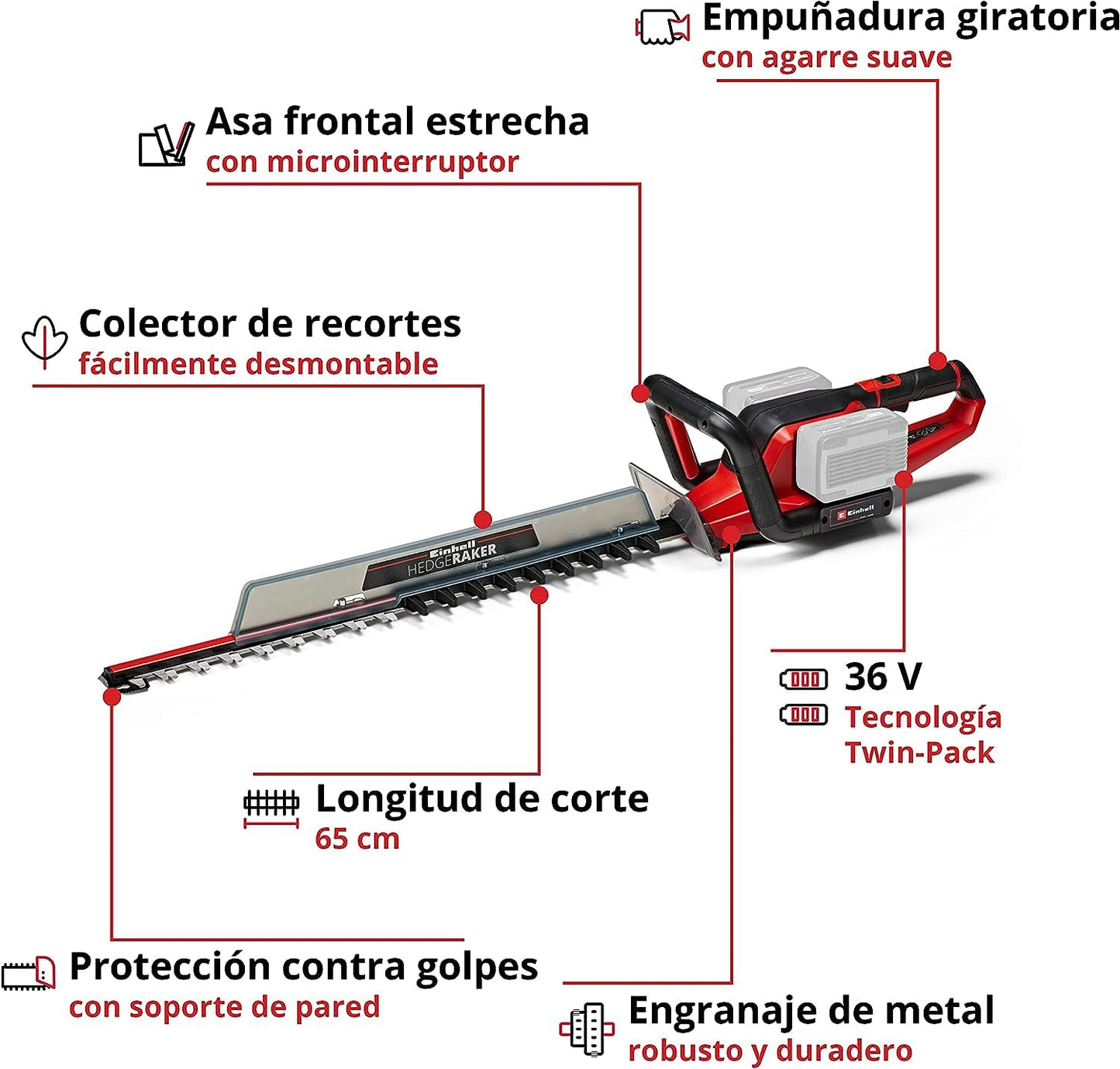 Einhell Cortasetos con batería GE-CH 36/65 Li-Solo Power X-Change (36 V, 65 cm de longitud de corte, 30 mm distancia entre dientes, mango giratorio, colector de recortes, sín batería)