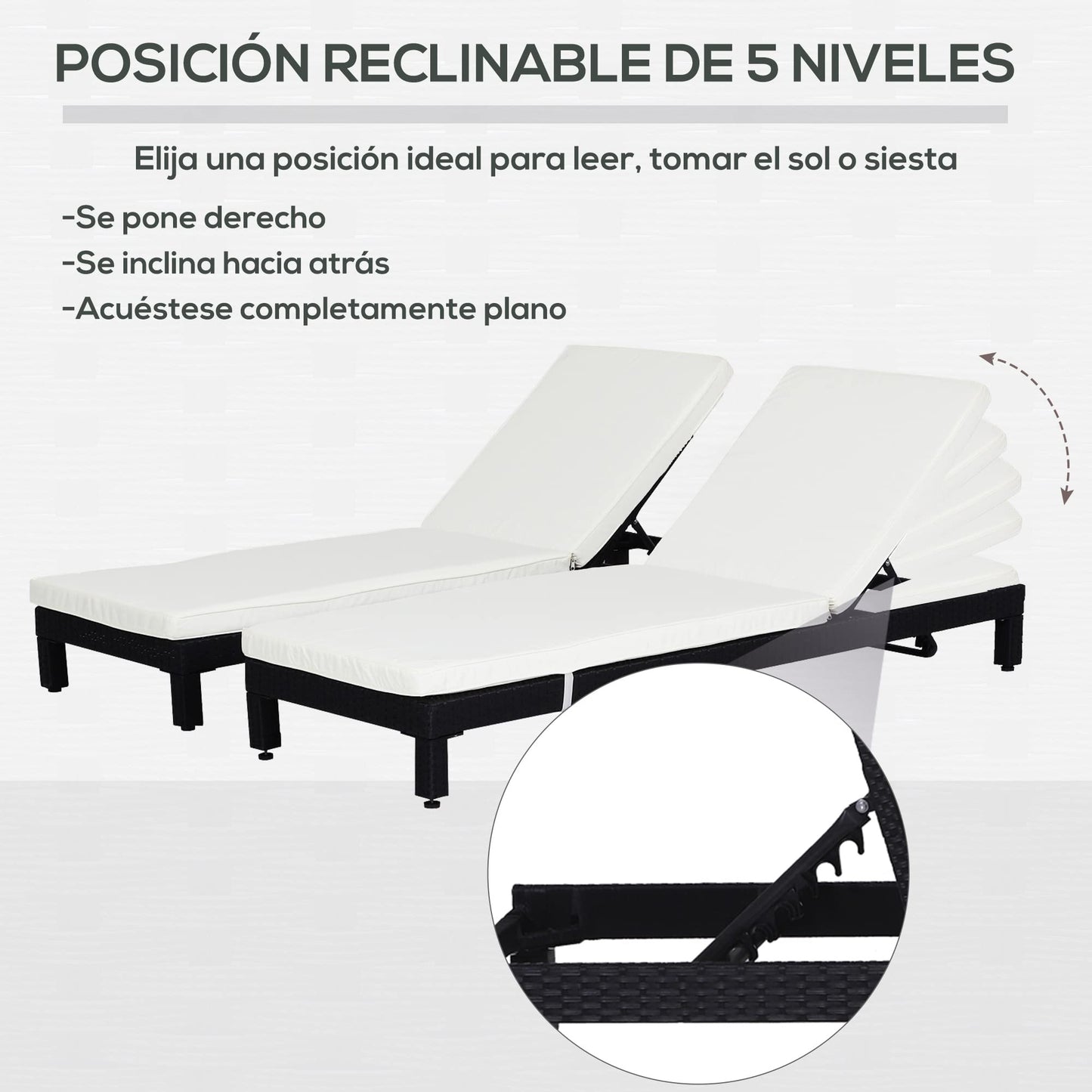 Outsunny Set de 2 Tumbonas de Ratán Chaise Longue con Cojines Acolchados Cubierta Impermeable Silla para Exterior Jardín Patio Terraza