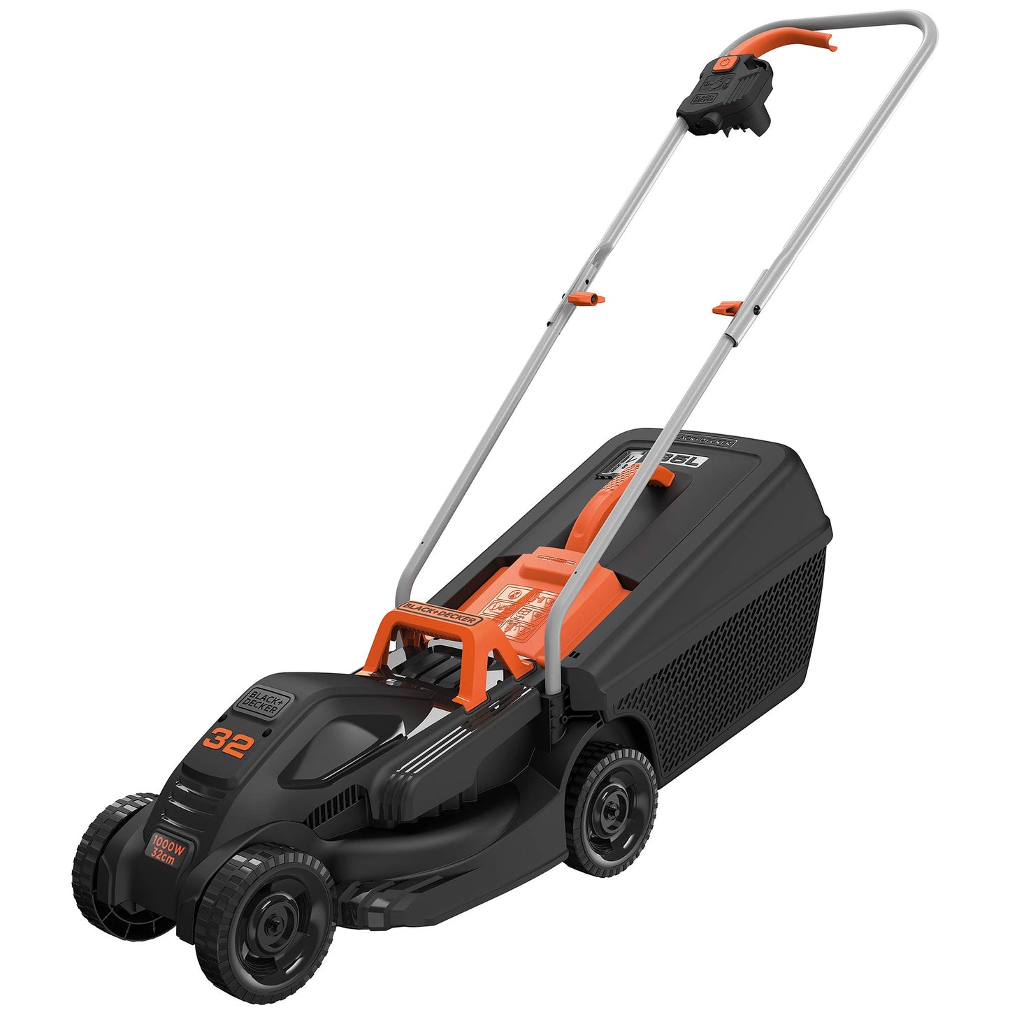 BLACK+DECKER Cortacésped eléctrico 1000W, ancho de corte 32 cm, ajuste de altura de 20-60mm, depósito de 35L, incluye desbrozadora 250W, sistema E-Drive, para jardines hasta 250m², BEMW351GL2