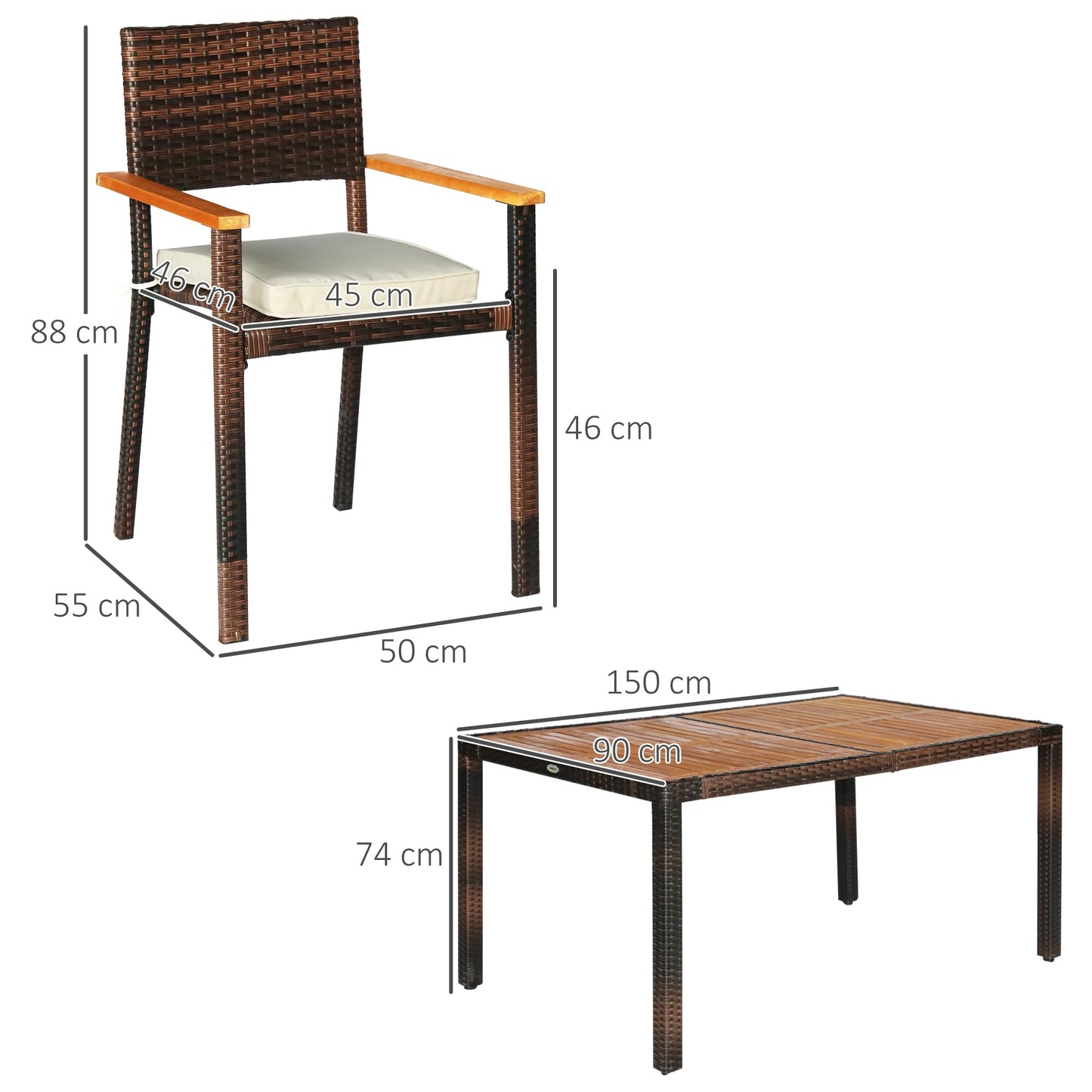 Outsunny Conjunto Muebles de Ratán Sintético para Jardín 7 Piezas Juego de Comedor de Mimbre para Exteriores con 6 Sillas con Cojines y Mesa 150x90x74 cm y 50x55x88 cm Marrón