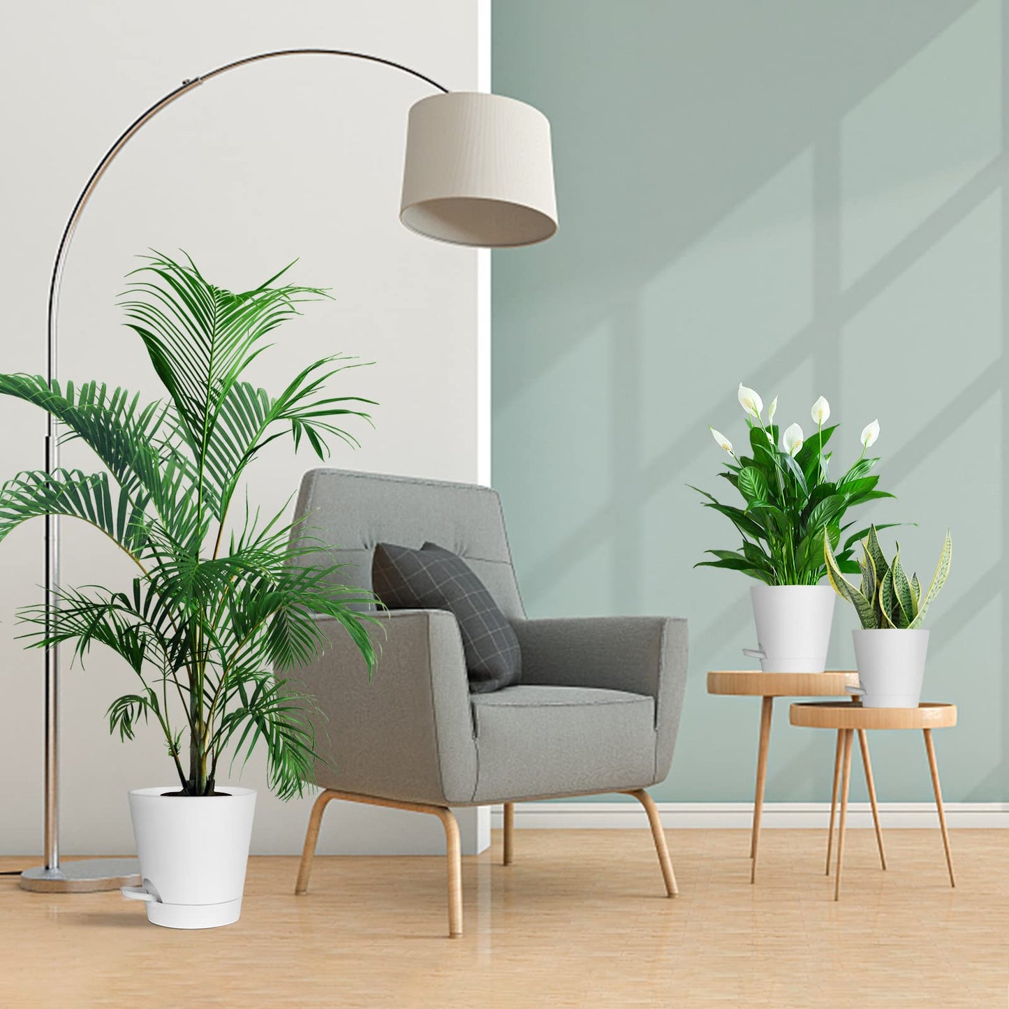 Warmplus Macetas de Riego Automático para Interior, 20/17.5/16.5/15/14/12.5cm Macetas de Plástico con Agujeros de Drenaje Plato y Depósito, Macetas de Interior para Todas Las Plantas de Casa, Blanco