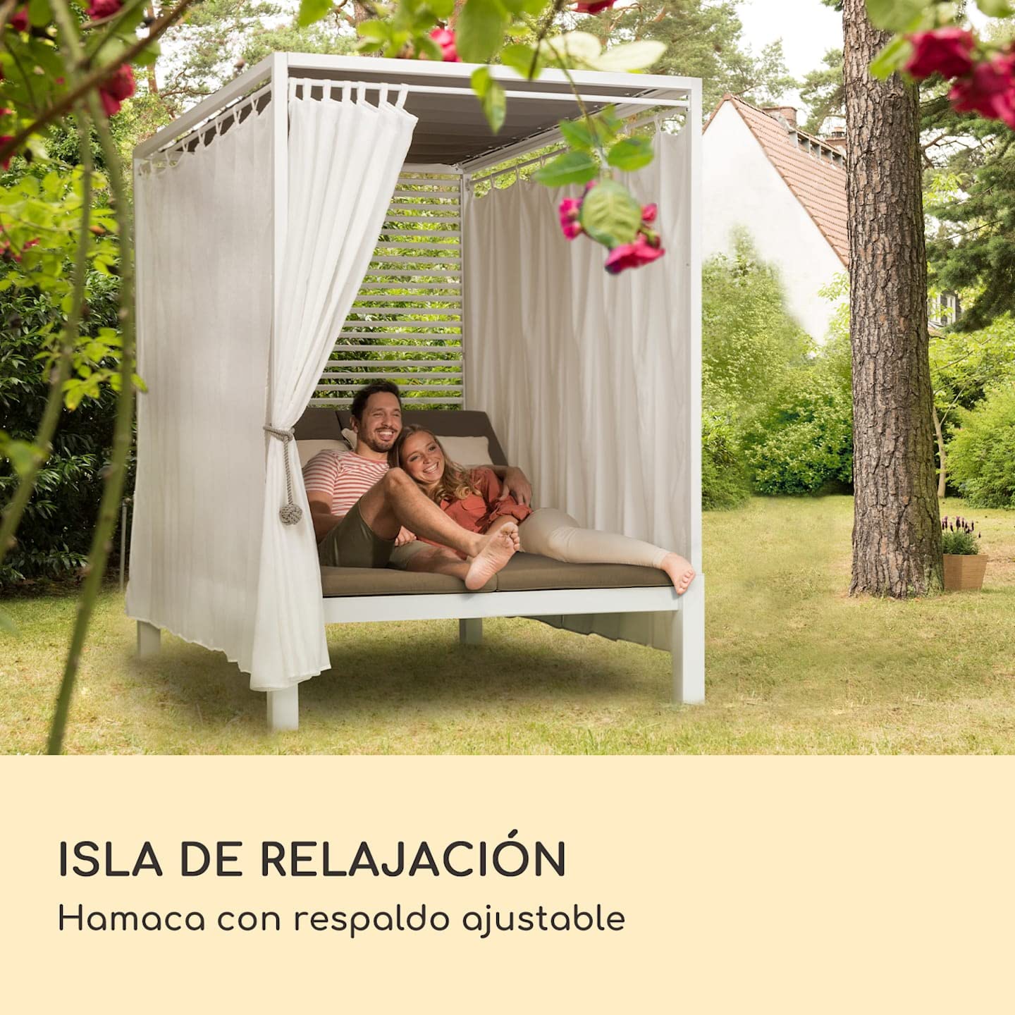 blumfeldt Cama Balinesa, Tumbona Doble Jardin Exterior Regulable y Respaldo Reclinable, Cama con Techo Solar, XL Sunbeds