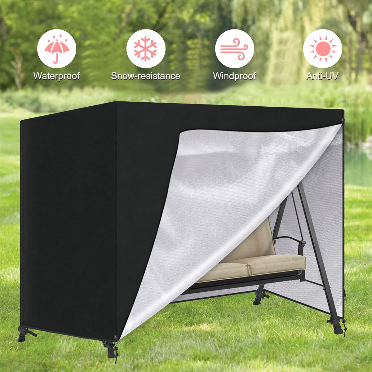 SanGlory 3-4 Plazas Funda para Columpio de Jardin, Cubierta de Columpio Exterior, Funda Columpio Jardin Impermeable, Funda Protectora para Balancin con 2 Cremalleras, 250x150x160cm