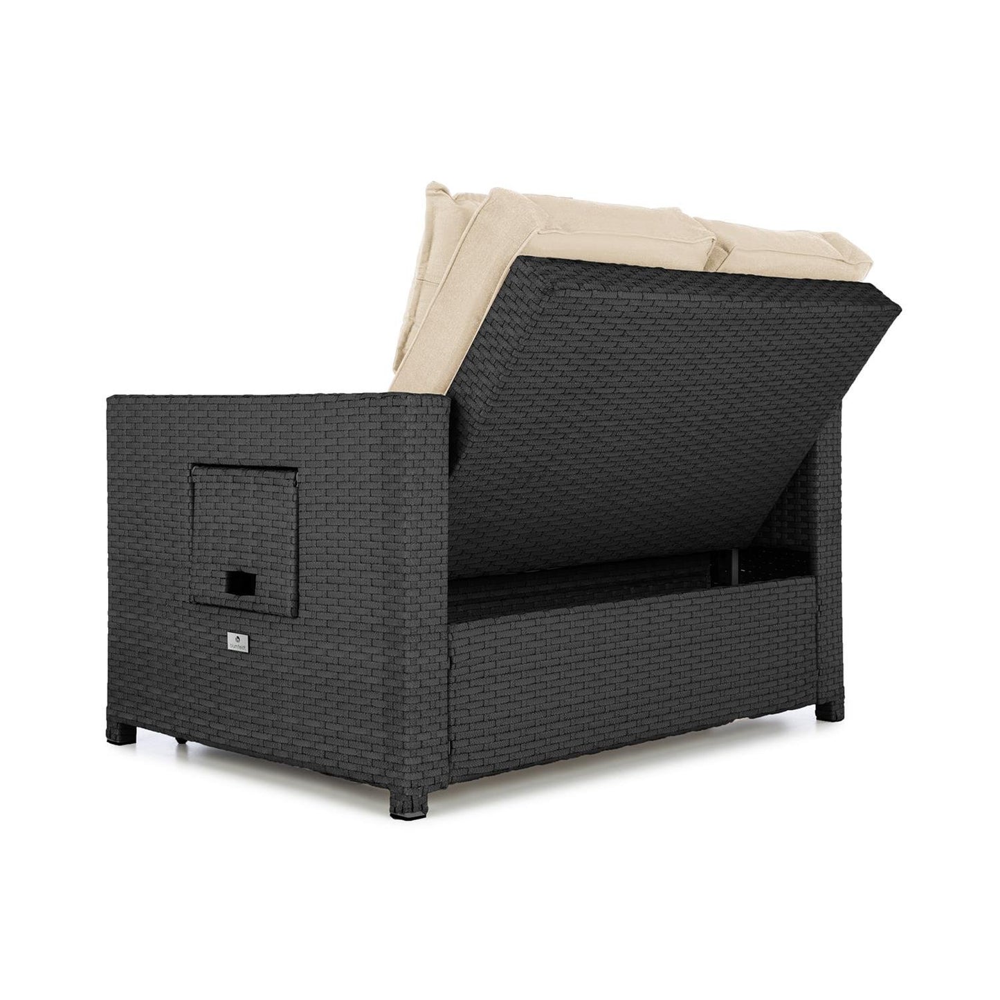 blumfeldt Komfortzone Sofá de ratán Dos plazas con Mesa Plegable (resplado inclinable, apoya pies, para jardín y terrazas, Tumbona, snackbar) - Negro
