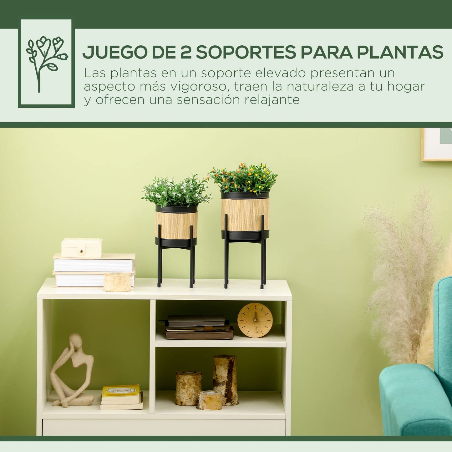 Outsunny Juego de 2 Soportes para Plantas de Metal Cubierta de Totora Soportes para Macetas Maceteros Redondos para Salón Cocina Dormitorio Ø16x30 cm y Ø14x25,5 cm Negro