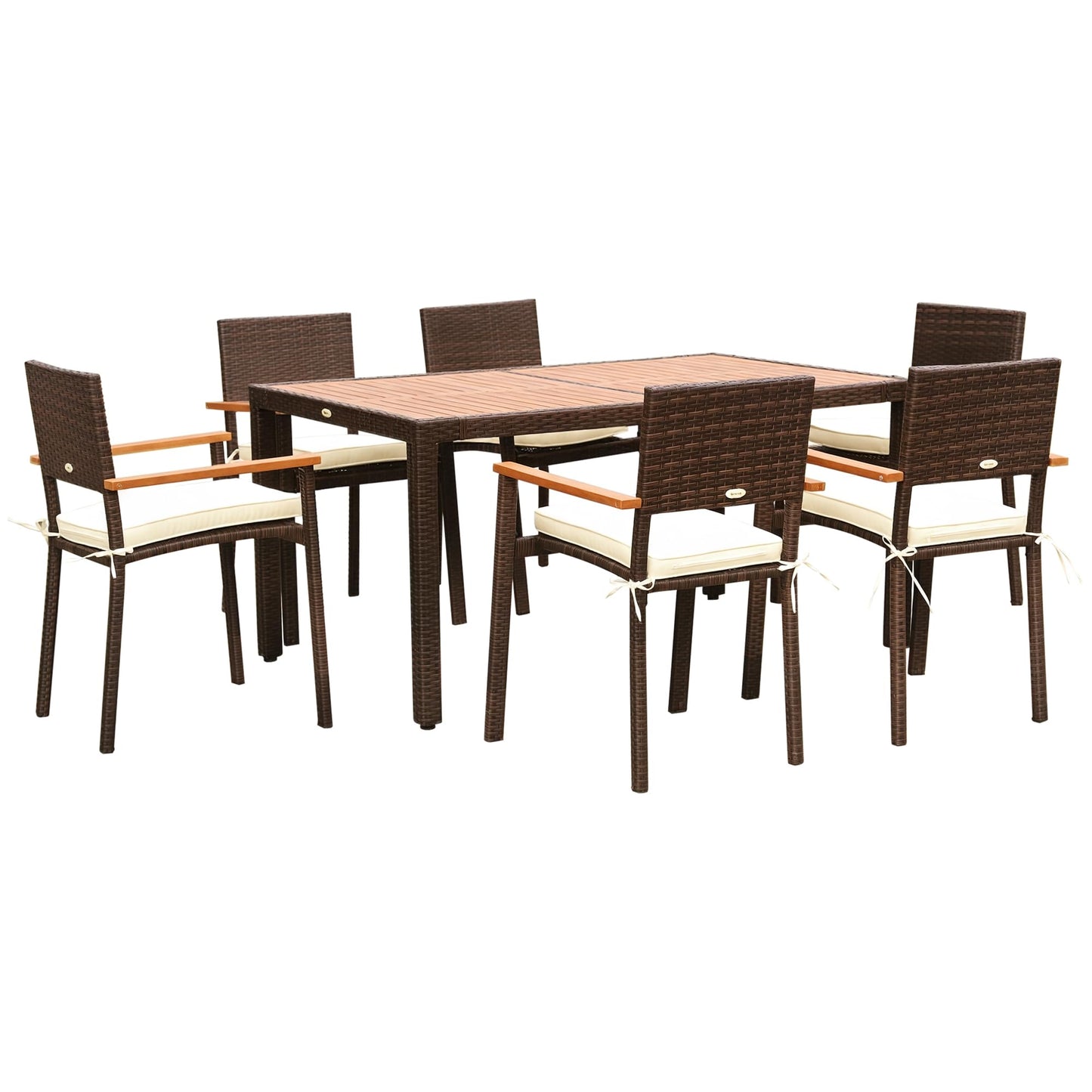 Outsunny Conjunto Muebles de Ratán Sintético para Jardín 7 Piezas Juego de Comedor de Mimbre para Exteriores con 6 Sillas con Cojines y Mesa 150x90x74 cm y 50x55x88 cm Marrón