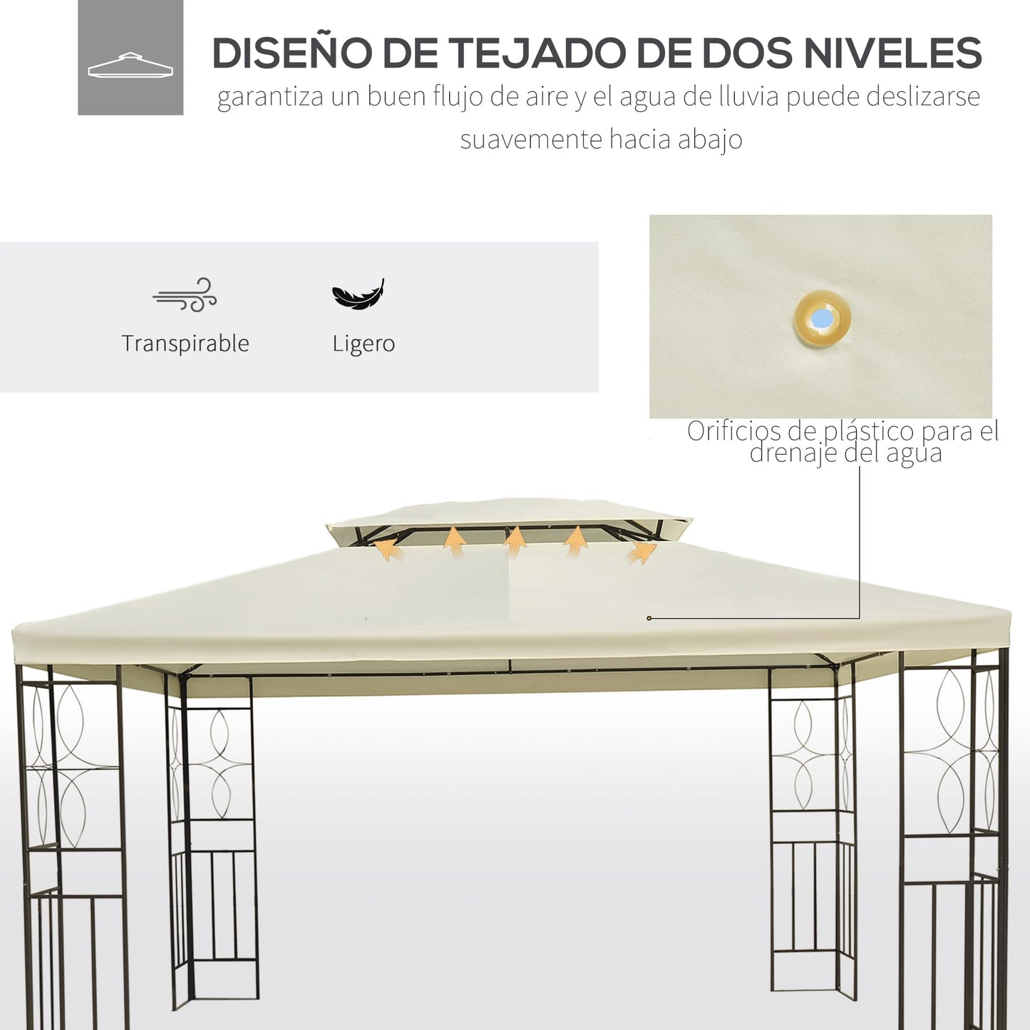 Outsunny Cenador de Jardín 3x4m Pabellón para Exterior con Doble Techo de Ventilación y 4 columnas de Acero Estable para Fiestas Eventos Patio Crema