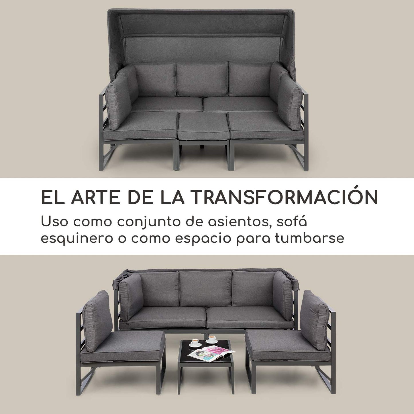 blumfeldt Ravenna - Set Lounge de 4 Piezas, Sofá de 3 plazas, 2 sillones, Mesa de Centro, Estructura Aluminio, Recubrimiento en Polvo, Techo Protector, Cojines adicionales, Fundas de poliéster, Gris