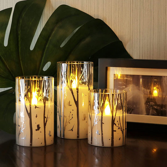 Rhytsing 3 Velas blancas led de Cristal con Mando para Navidad, Velas a Pilas con Temporizador Decorativas Diseño de Abedul, Altura 10cm / 12,5cm / 15cm (Abedul)