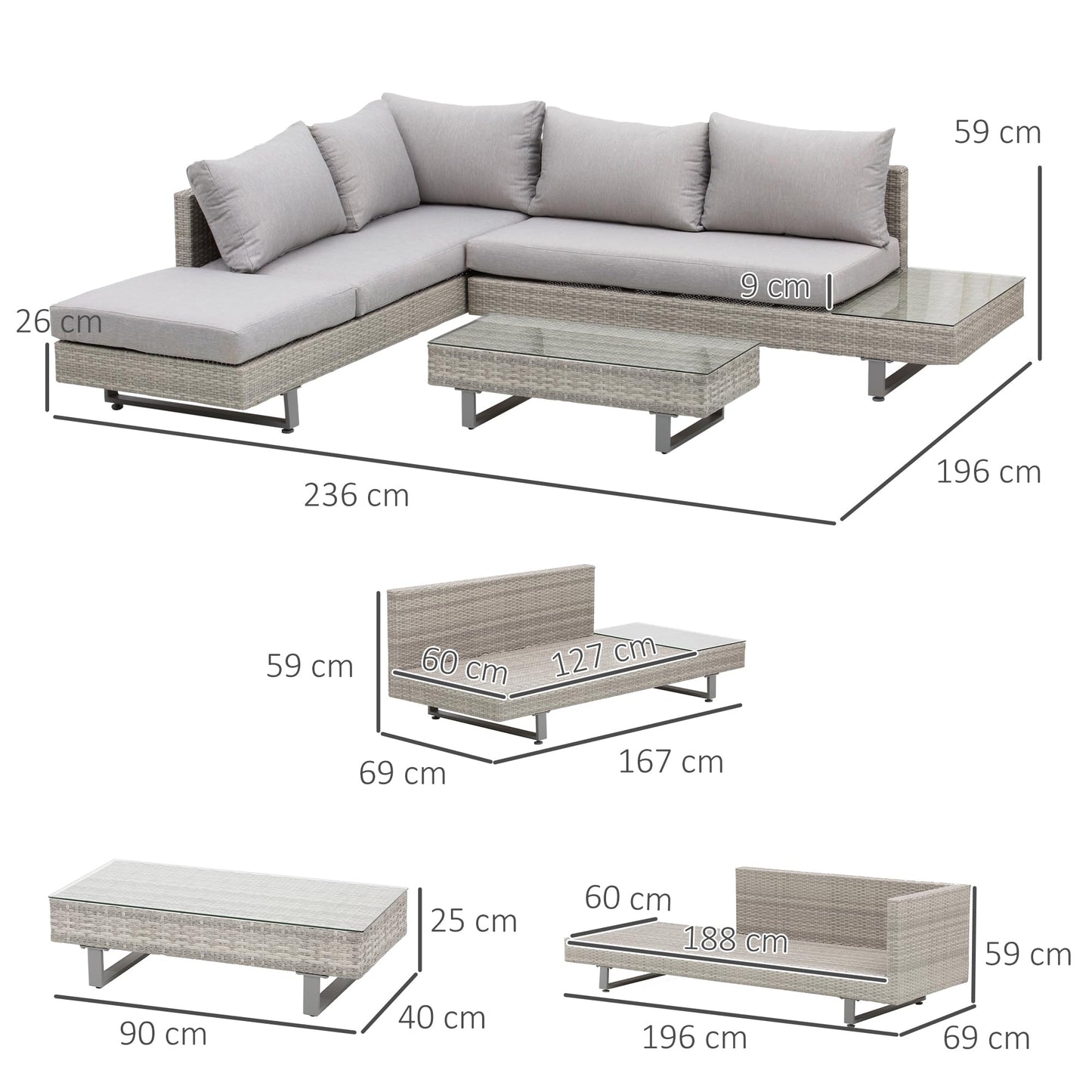 Outsunny Conjunto de Muebles Ratán de 3 Piezas Mesa de Centro Sofá Doble y Sofá de 3 Plazas con Cojines Extraíbles para Exterior Jardín Terraza Patio Acero Gris