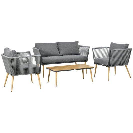 Outsunny Juego de Muebles de Jardín de Ratán 4 Piezas Juego de Conversación Incluye Sofá de 2 Plazas 2 Sillones y Mesa de Centro de Tablero de Madera y Plástico Cojines para Terraza Patio Gris