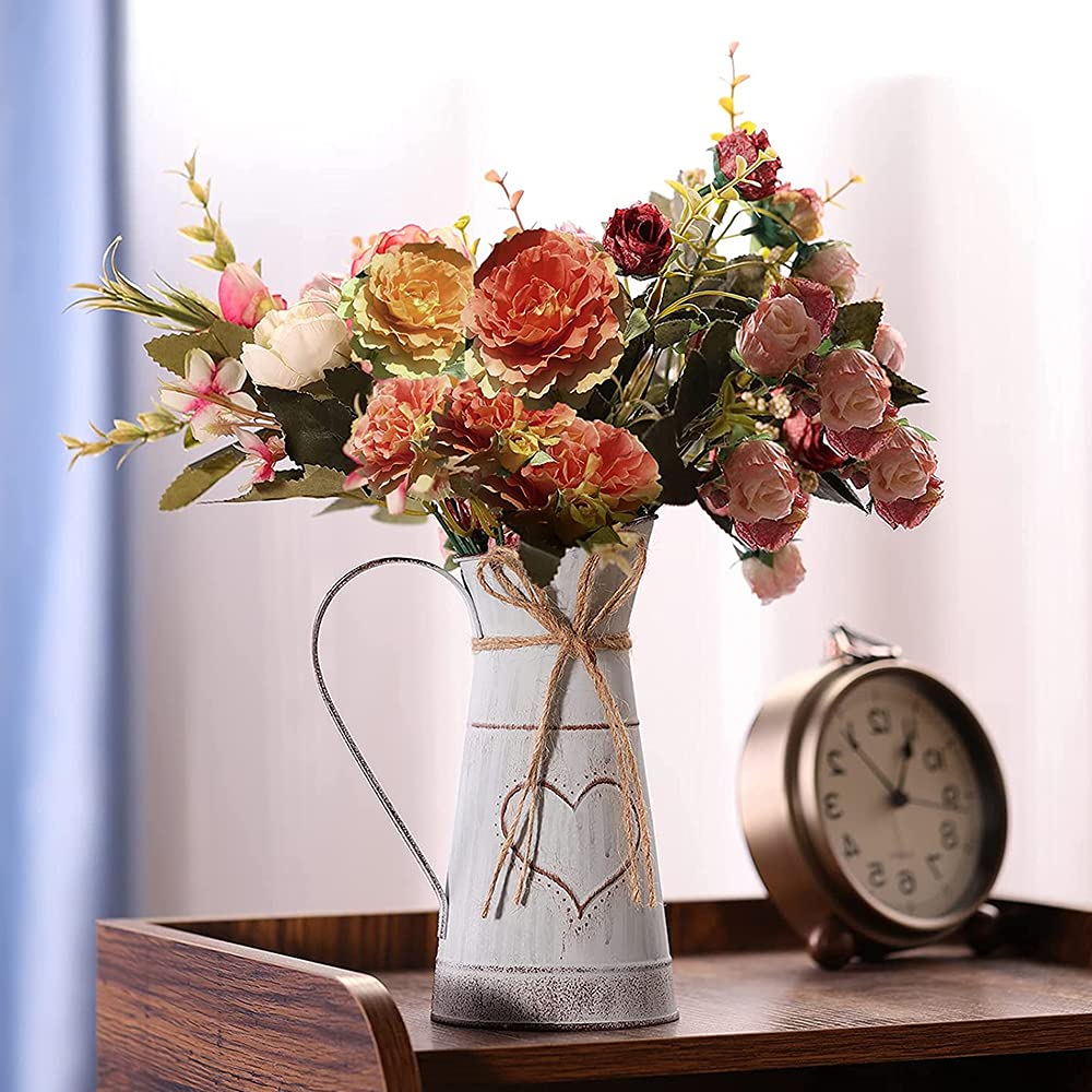 Jarrón Decorativo Rústico, Jarrón de Metal, Jarrón Vintage, Diseño Único en Forma de Corazón y Cuerda, Galvanizado, para Flores, Cactus, para San Valentín, Balcón, Salón, Decoración de Mesa