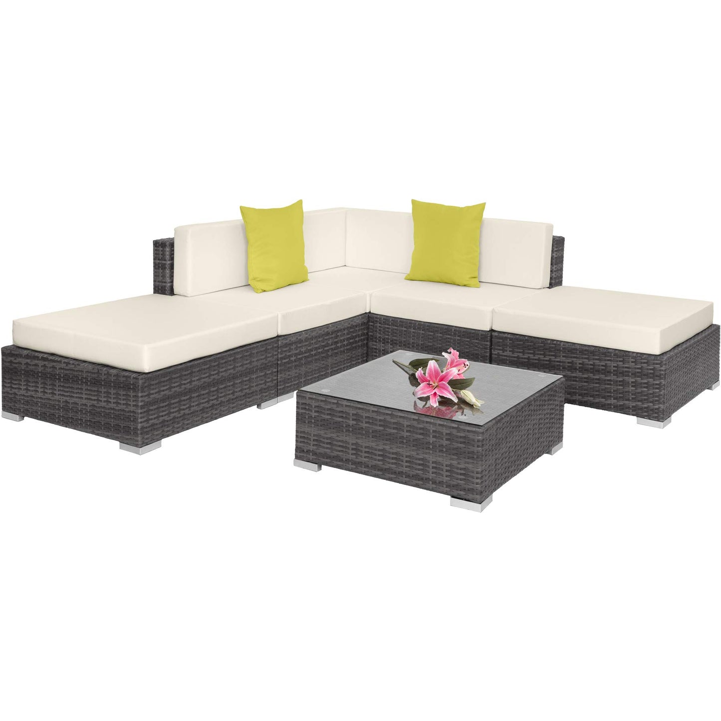 TecTake® Conjunto Jardín en Ratán y Aluminio con Cojines de 10 cm, Conjunto Terraza Resistente a la Intemperie, Muebles Jardín Exterior 3 Sillones, 1 Puf, 1 Mesa con Cristal, Fundas Extraíbles - Gris