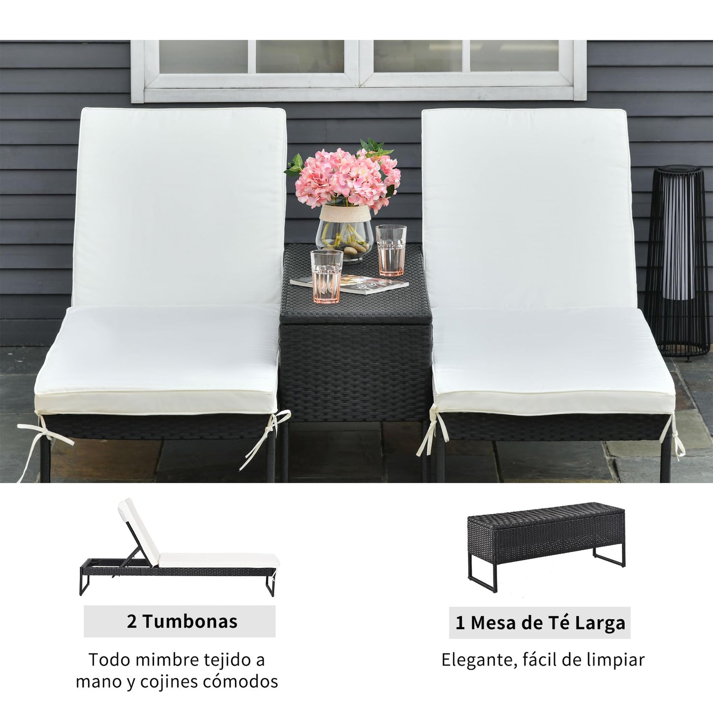 Outsunny Conjunto de 2 Tumbonas de Jardín con Cojines Acolchados Ratán con Mesa Auxiliar para Piscina o Terraza Carga 160 kg 195x60x86 cm Acero Negro