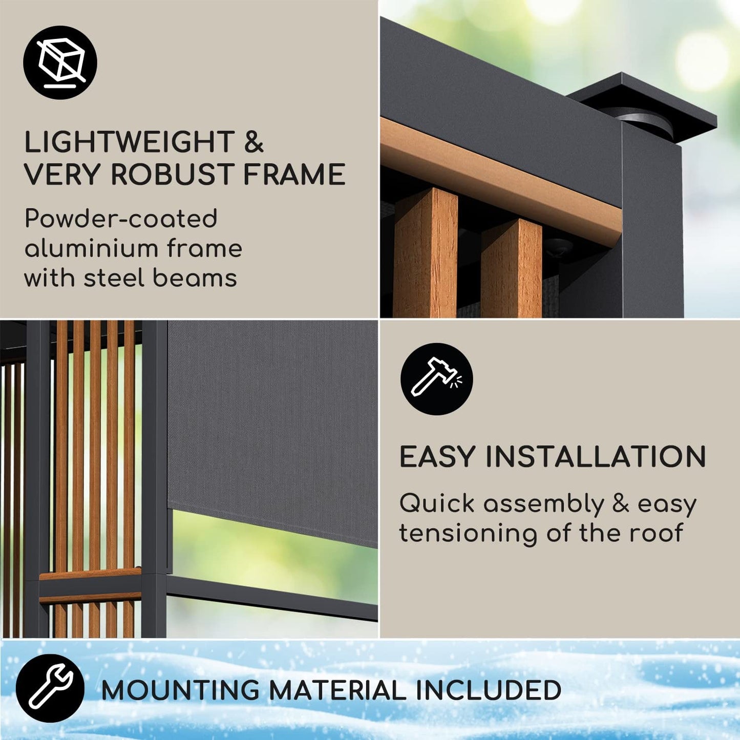 blumfeldt Carpa Jardin 3 x 3 m, Cenador para Jardin Contrachapado Madera, Tamaño Grande y Resistente al Agua y Aire, Cenadores para Jardin 1,5W, Pergola de Diseño con Luces Solares LED, UV50+