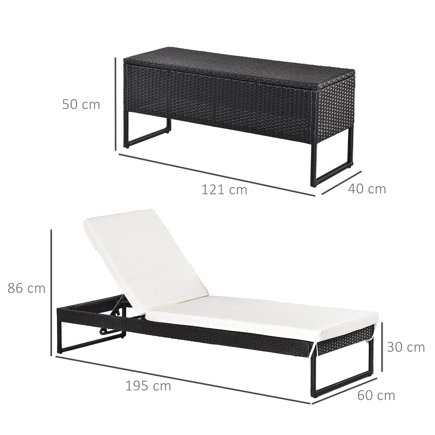 Outsunny Conjunto de 2 Tumbonas de Jardín con Cojines Acolchados Ratán con Mesa Auxiliar para Piscina o Terraza Carga 160 kg 195x60x86 cm Acero Negro