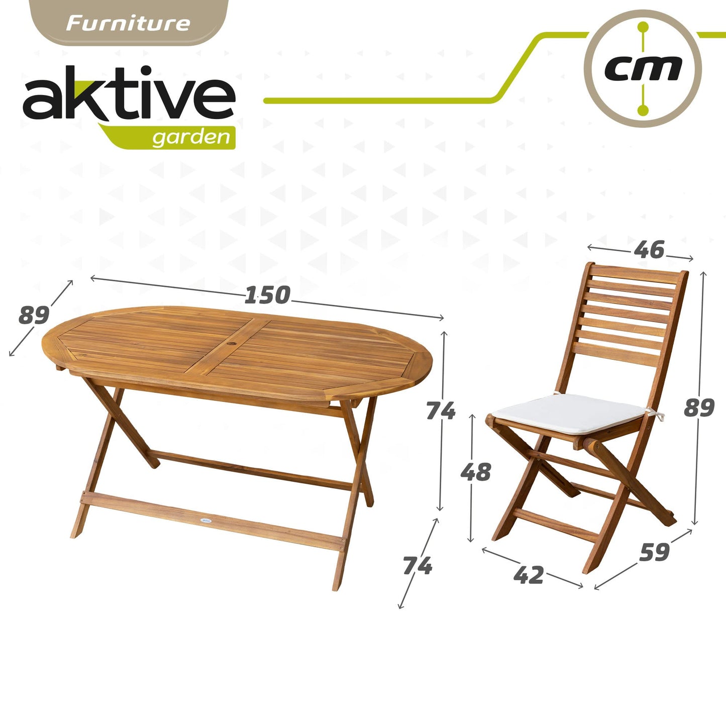 AKTIVE 61002 - Conjunto mesa y sillas de madera para jardín y terraza, incluye mesa plegable 150 x 89 x 74 cm y 6 sillas de madera con cojín