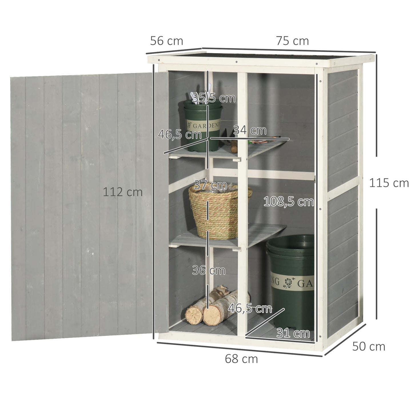 Outsunny Caseta de Jardín de Madera 75x56x115 cm Armario Cobertizo de Exterior para Herramientas con 3 Estantes Interiores Puerta con Pestillo y Techo Asfáltico Gris