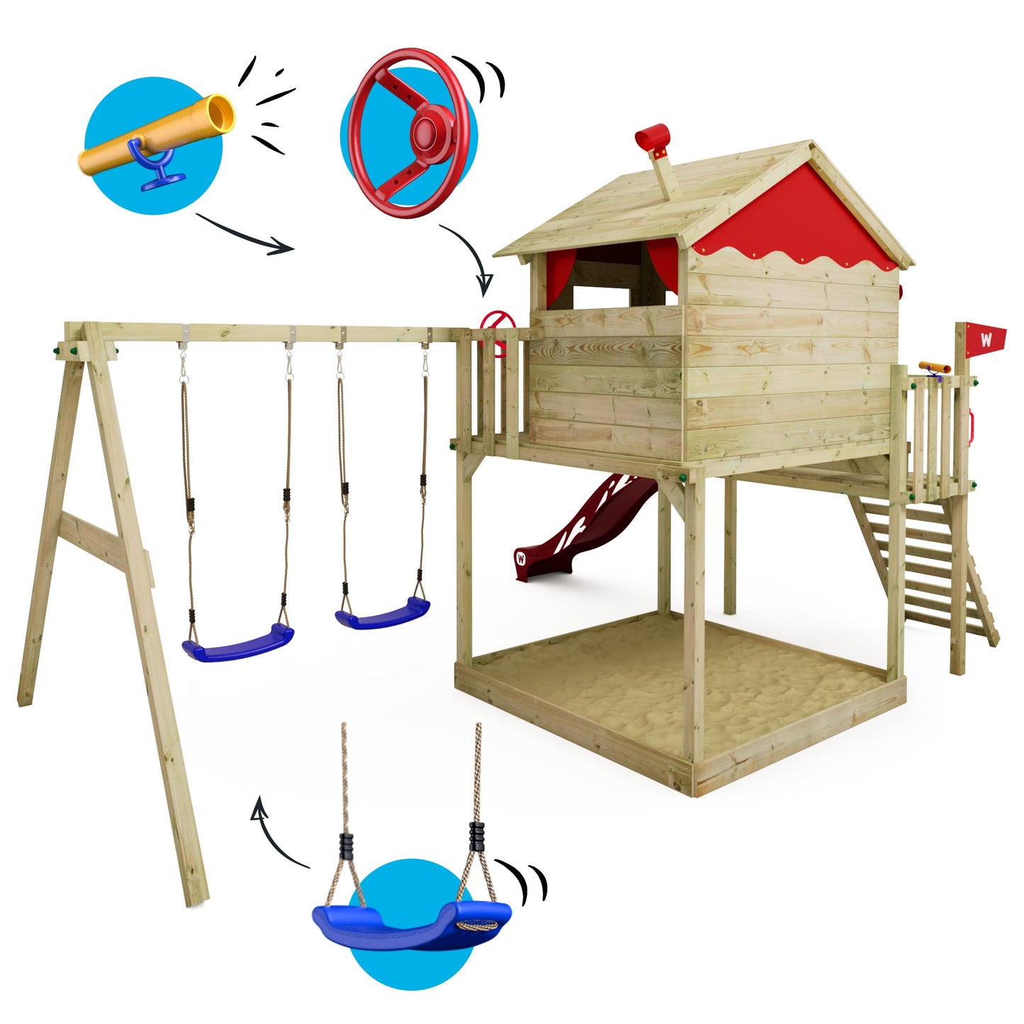 Wickey Parque Infantil Smart Coast con Columpio y tobogán Rojo, Torre de Escalada Infantil de Exterior con arenero, Escalera y Accesorios de Juego para el jardín