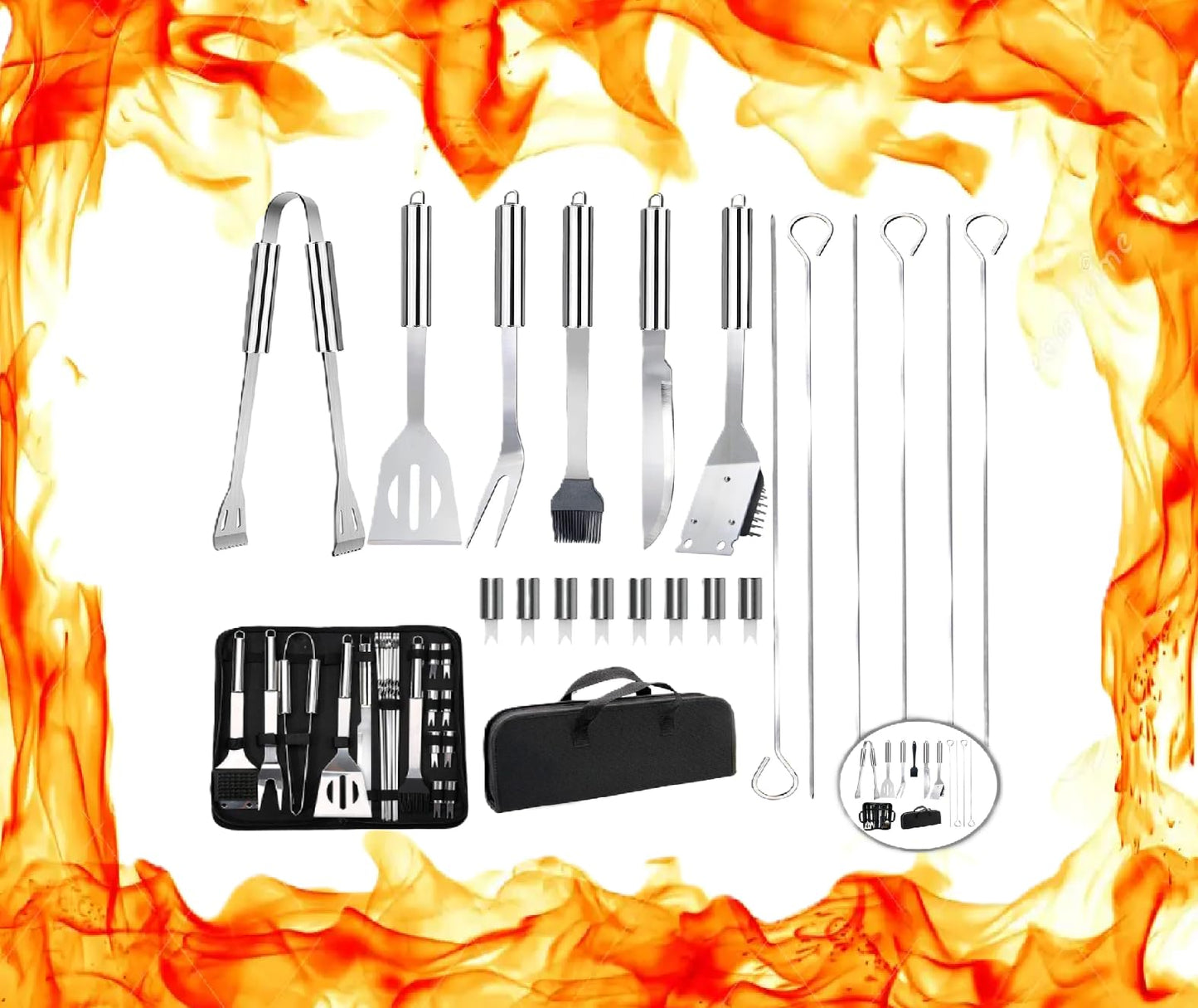 PEVLA Set Barbacoa 21 Piezas de Acero Inoxidable - Utensilios Barbacoa - Accesorios Barbacoa - Kit Barbacoa - Kit Barbacoa Utensilios - Set Barbacoa Utensilios (Kit 21 Piezas) (21)