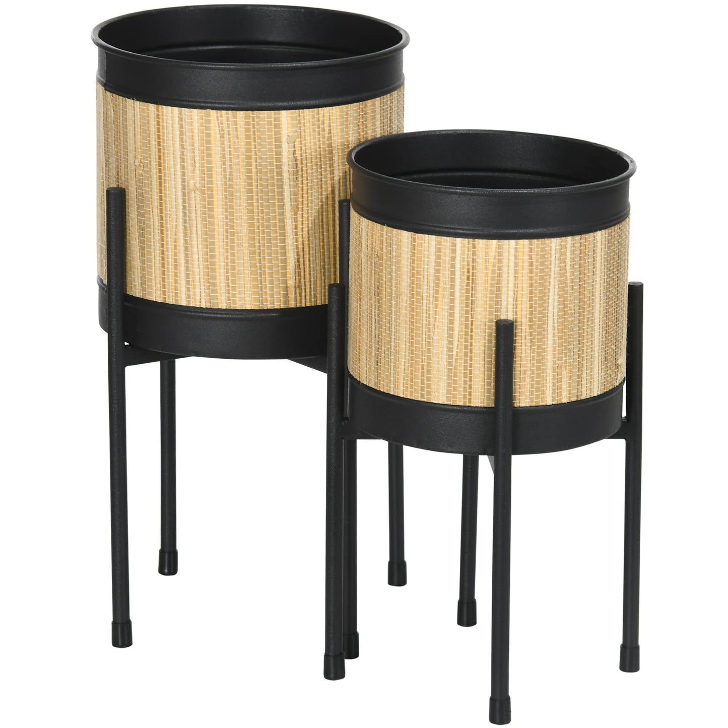 Outsunny Juego de 2 Soportes para Plantas de Metal Cubierta de Totora Soportes para Macetas Maceteros Redondos para Salón Cocina Dormitorio Ø16x30 cm y Ø14x25,5 cm Negro