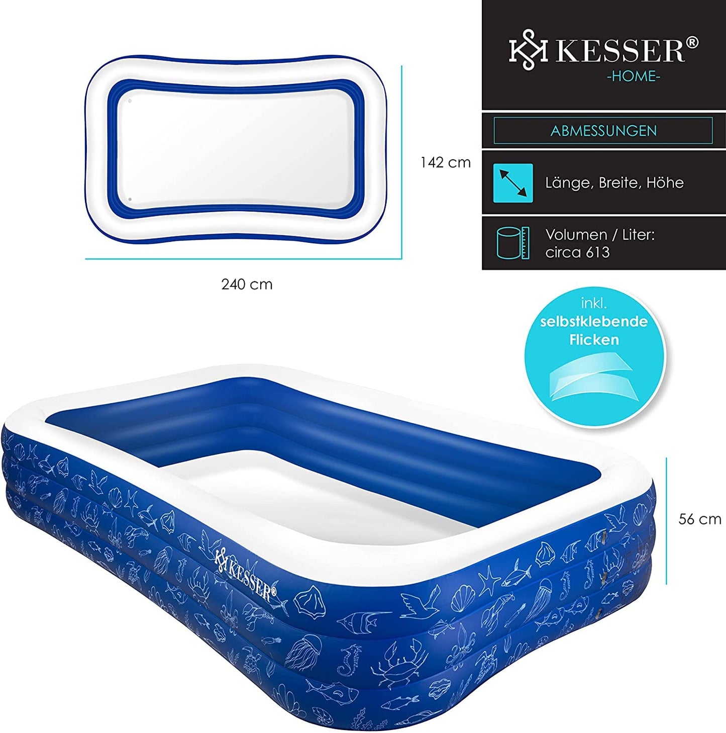 KESSER® Piscina inflable familiar para niños y adultos, piscina infantil de jardín para verano, 240 x 142 x 56 cm, 613 litros, capacidad para niños, agujeros de drenaje