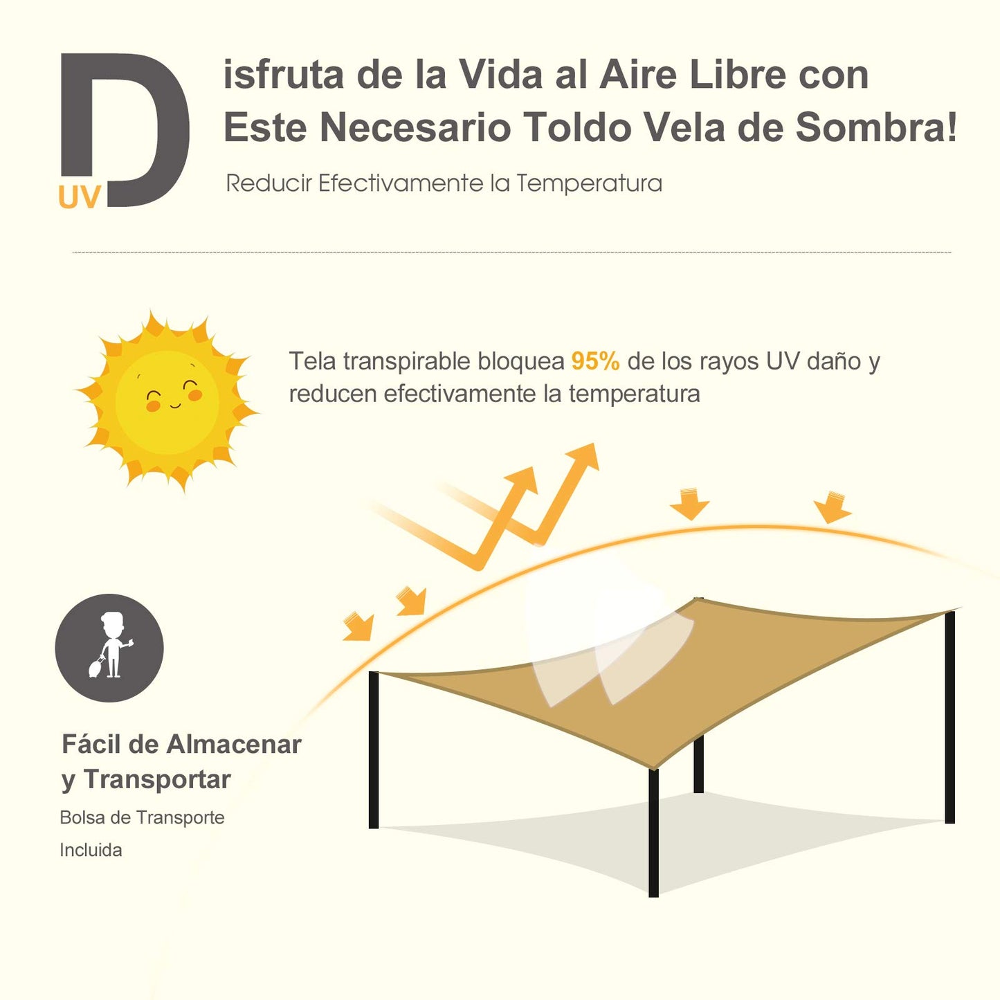 Outsunny Toldo Vela Rectángulo 3x4m Vela de Sombra para Terraza Jardín Camping Resistente al Agua Protección UV Poliéster Color Arena