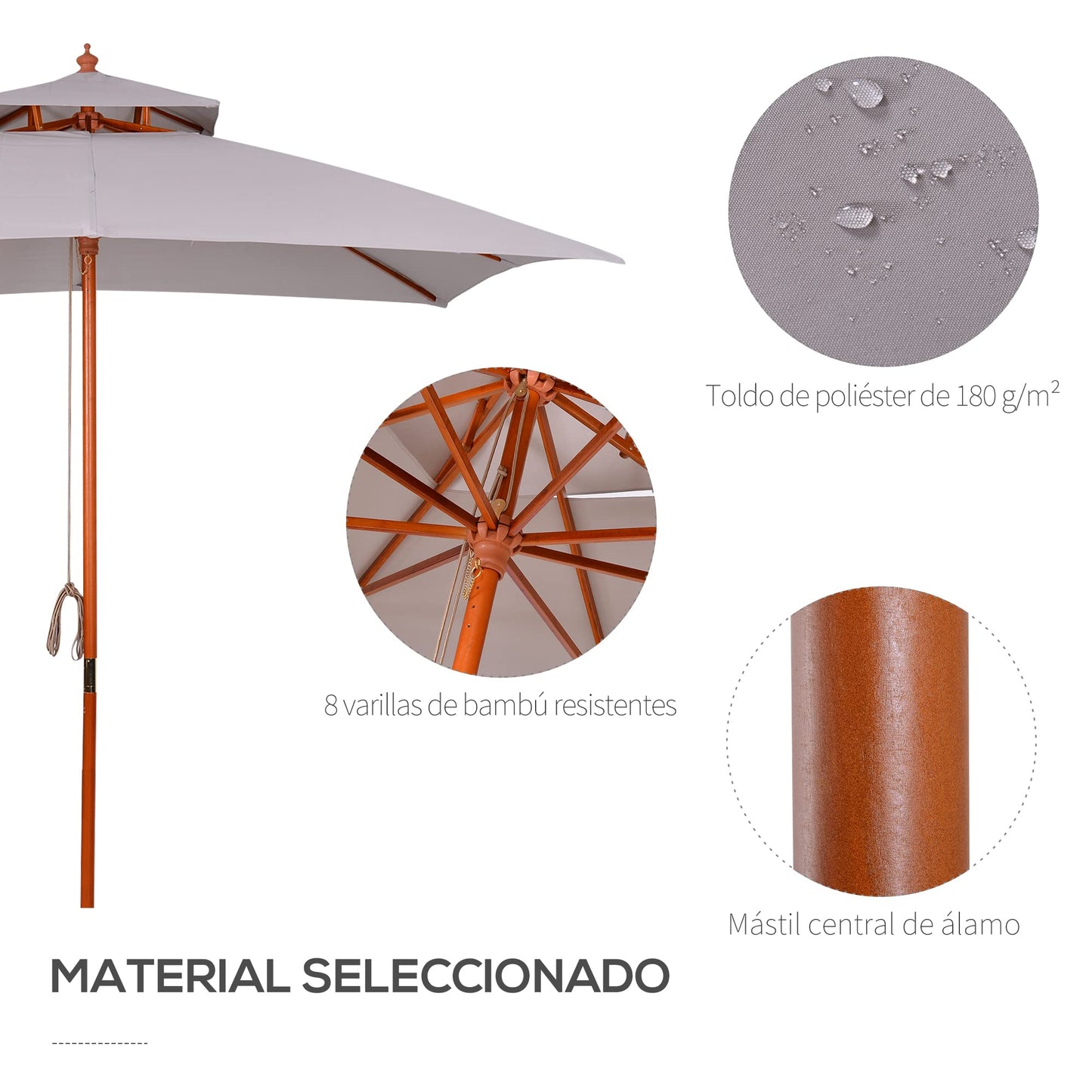 Outsunny Sombrilla de Jardín 3x3x3 m Parasol de Jardín de Bambú con Doble Techo Sistema de Polea Impermeable para Terraza Balcón Exterior Gris