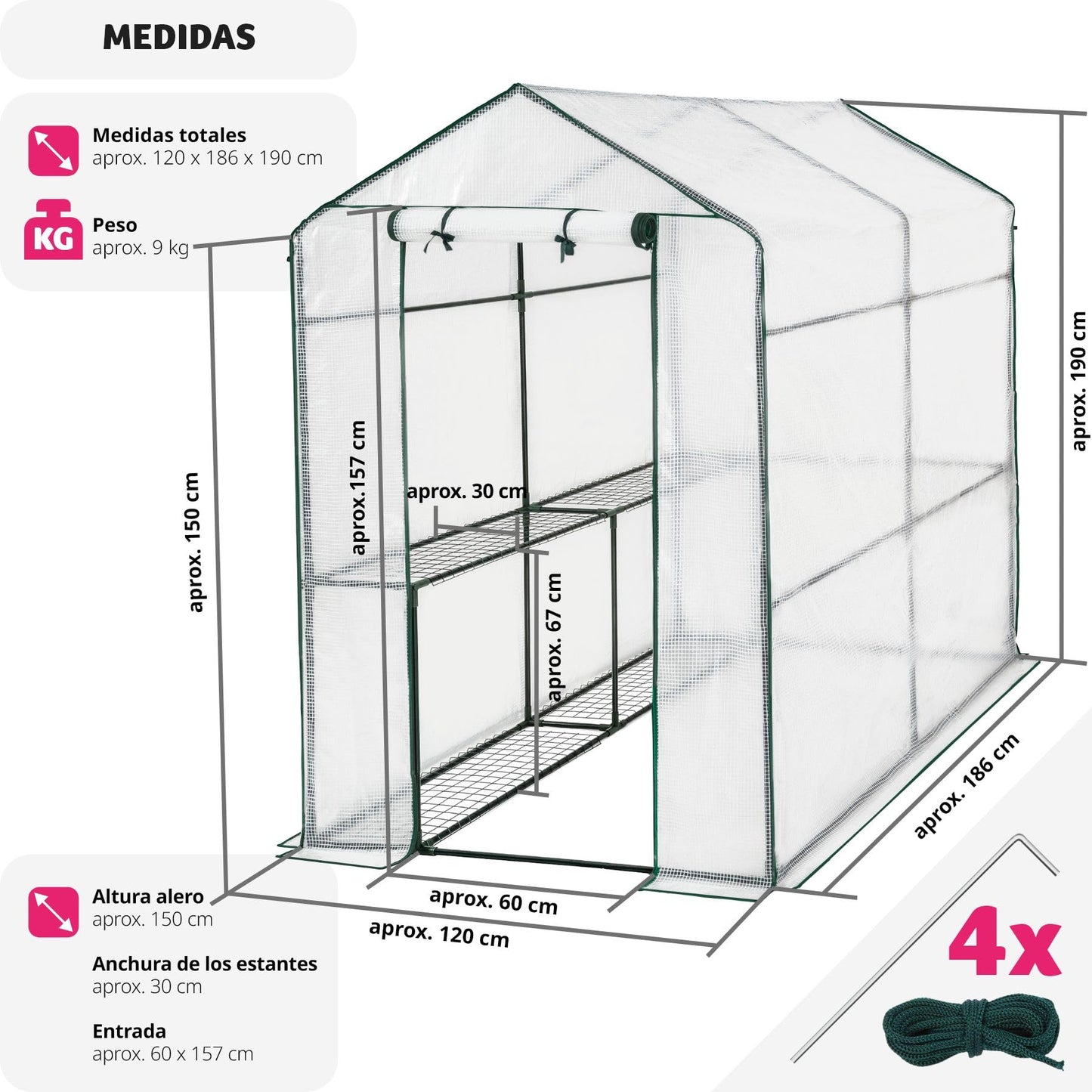 tectake® Invernadero Exterior con 4 Baldas Metálicas de Rejilla, Cubierta de PE contra UVA, Invernadero Terraza 186x120x190cm, Caseta Jardin Exterior con Cuerdas Tensoras y Piquetas, Fácil Montaje