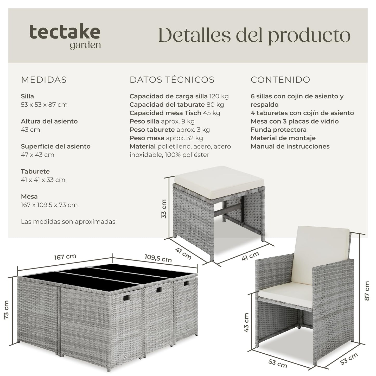 TecTake® Conjunto Jardín Exterior de Ratán y Acero, Agrupable en Cubo, Muebles Jardín Exterior Resistente a la Intemperie, para 6-10 Personas, Fundas Extraíbles y Funda Protectora - Gris Claro
