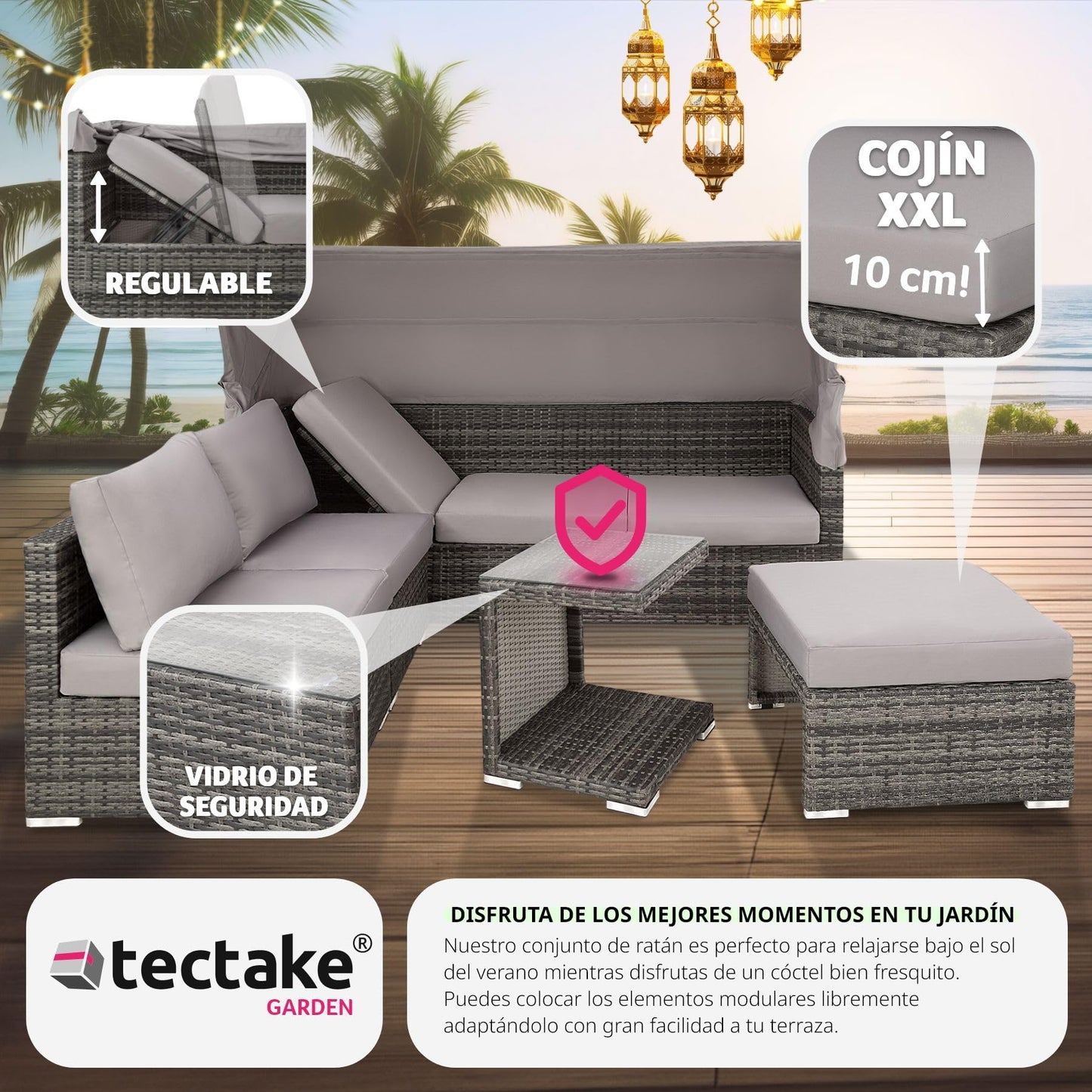 TecTake® Conjunto Jardín de Ratán con Cojines Grosor 10 cm, Muebles Jardín Exterior 2 Sofás, 2 Sillones, 1 Taburete, Conjunto Terraza Resistente a la Intemperie, Respaldo Ajustable, Sin Montaje - Gris