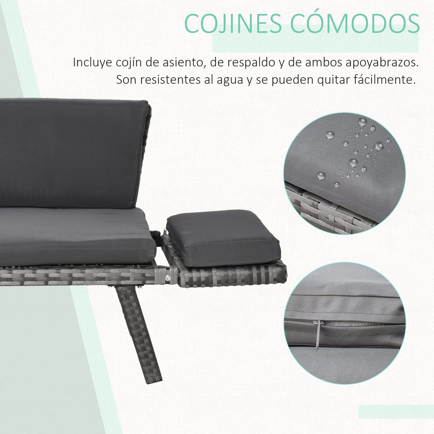 Outsunny Sofá de Ratán de 2 Plazas Convertible en Cama Individual 129x63x67 cm con Reposabrazos Abatibles y Cojines Acolchados Sofá Doble para Jardín Patio Terraza Gris