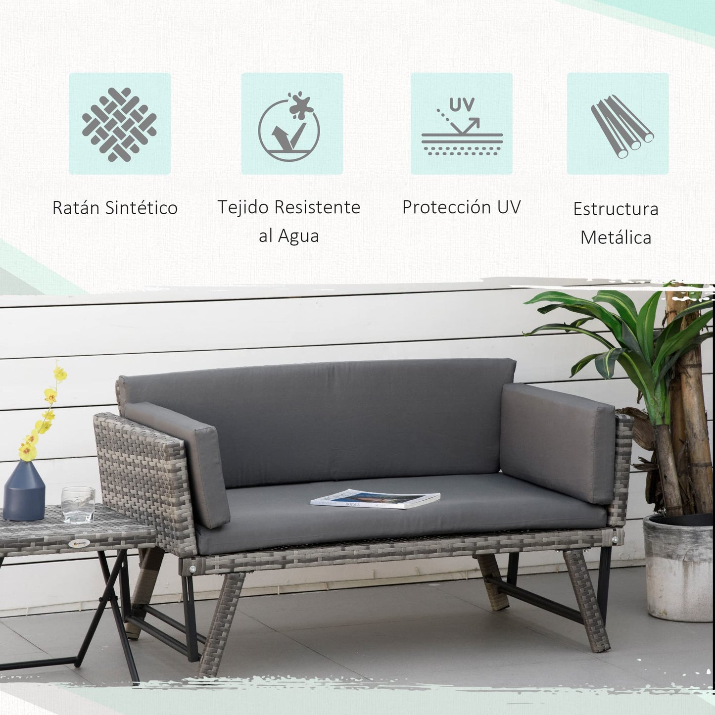 Outsunny Sofá de Ratán de 2 Plazas Convertible en Cama Individual 129x63x67 cm con Reposabrazos Abatibles y Cojines Acolchados Sofá Doble para Jardín Patio Terraza Gris