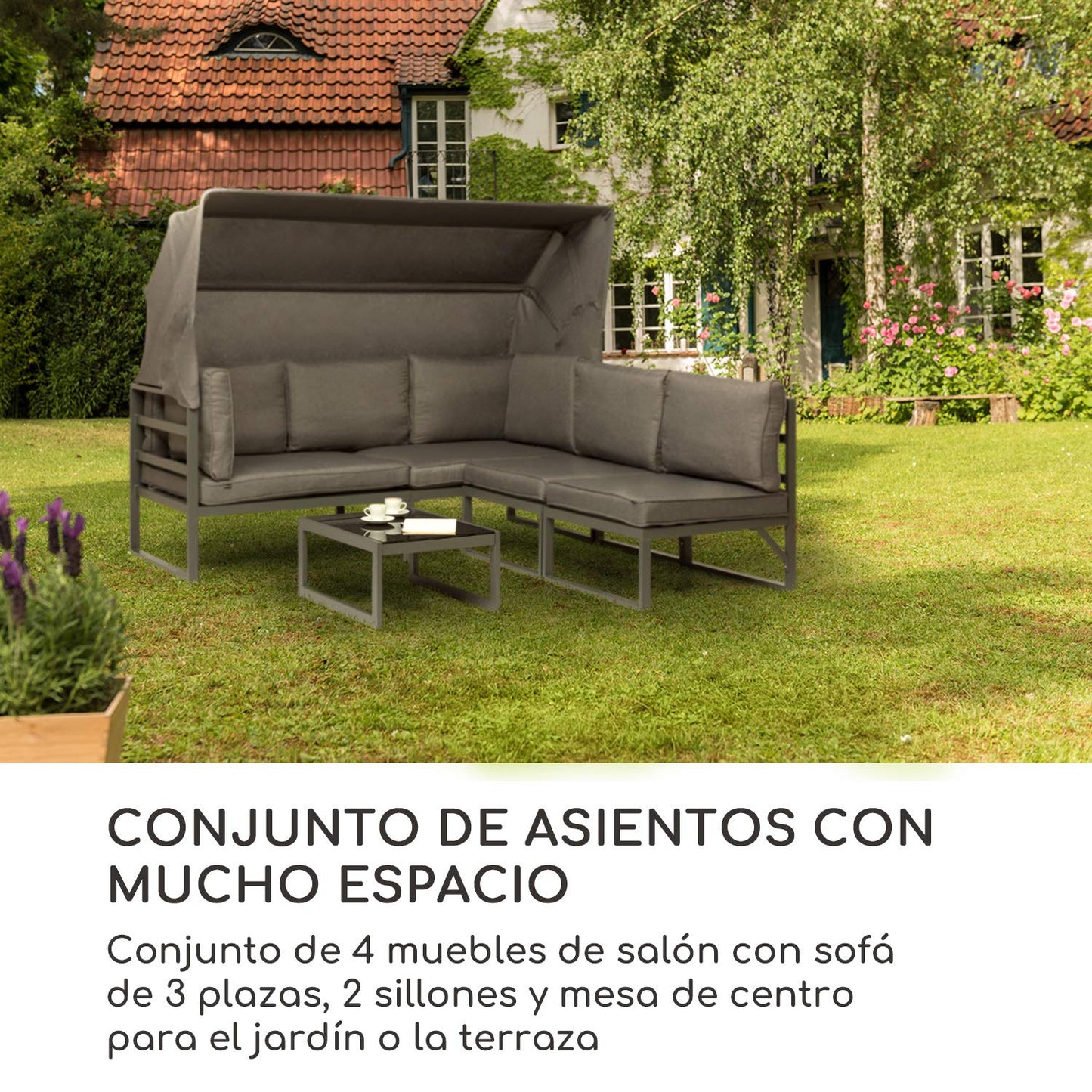 blumfeldt Ravenna - Set Lounge de 4 Piezas, Sofá de 3 plazas, 2 sillones, Mesa de Centro, Estructura Aluminio, Recubrimiento en Polvo, Techo Protector, Cojines adicionales, Fundas de poliéster, Gris