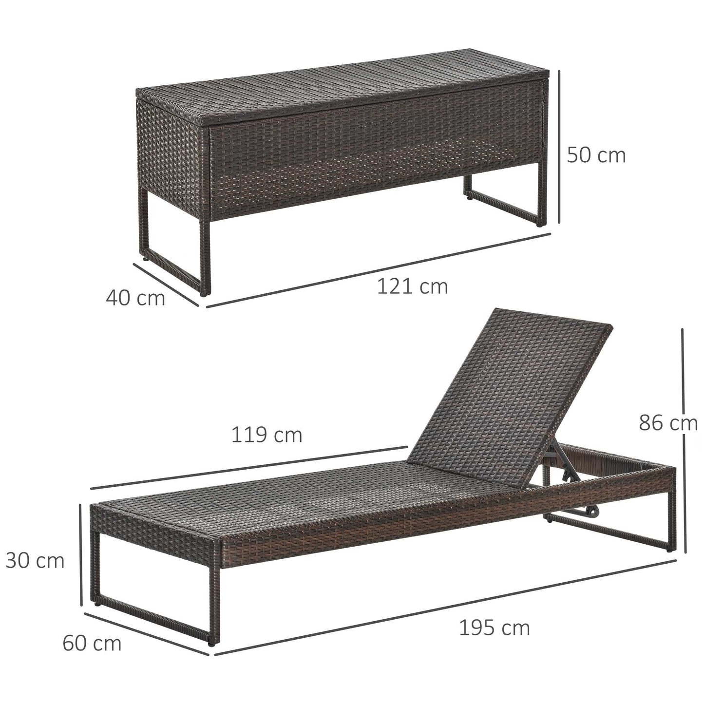 Outsunny Conjunto de 2 Tumbonas de Jardín con Cojines Acolchados Ratán con Mesa Auxiliar para Piscina o Terraza Carga 160 kg 195x60x86 cm Acero Marrón