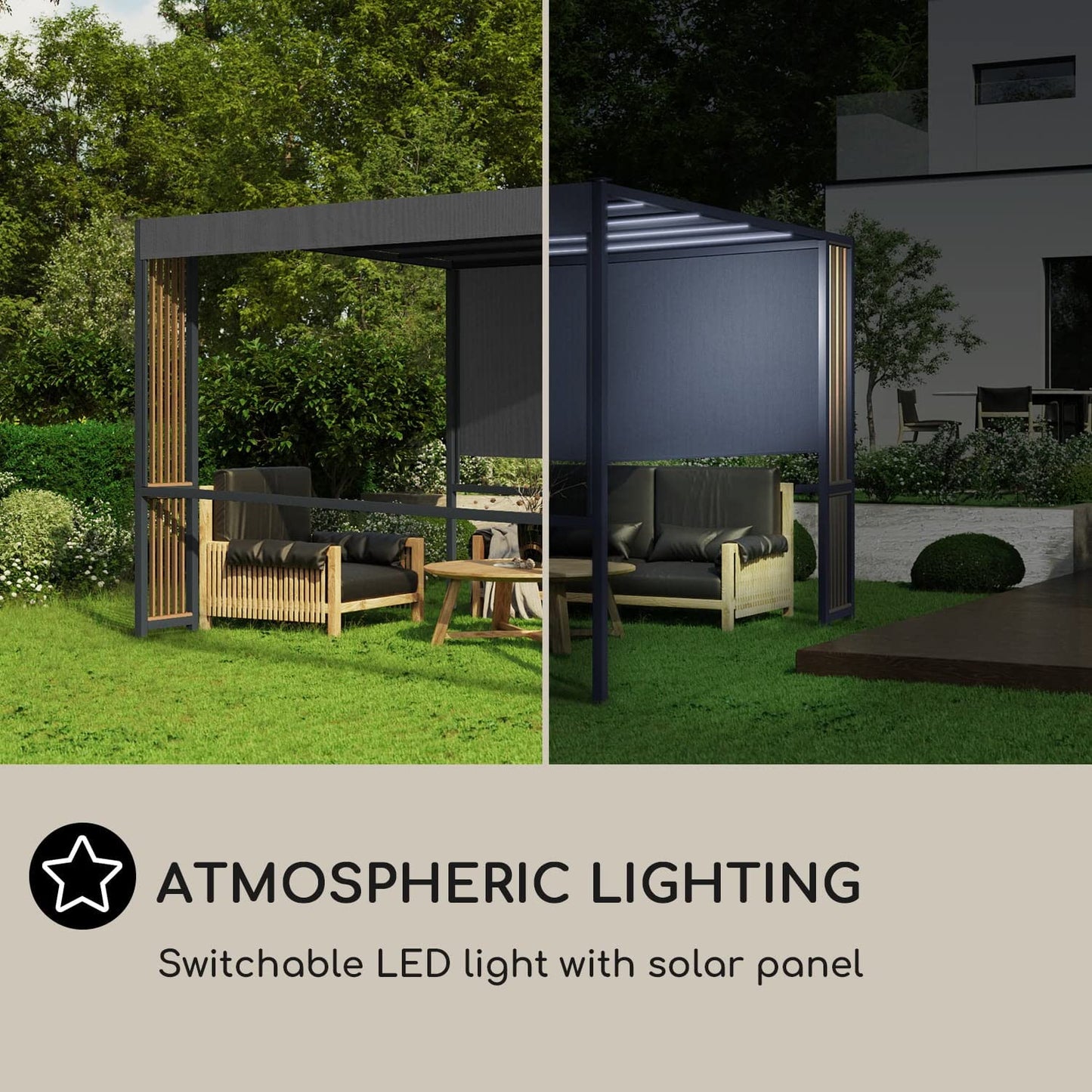 blumfeldt Carpa Jardin 3 x 3 m, Cenador para Jardin Contrachapado Madera, Tamaño Grande y Resistente al Agua y Aire, Cenadores para Jardin 1,5W, Pergola de Diseño con Luces Solares LED, UV50+