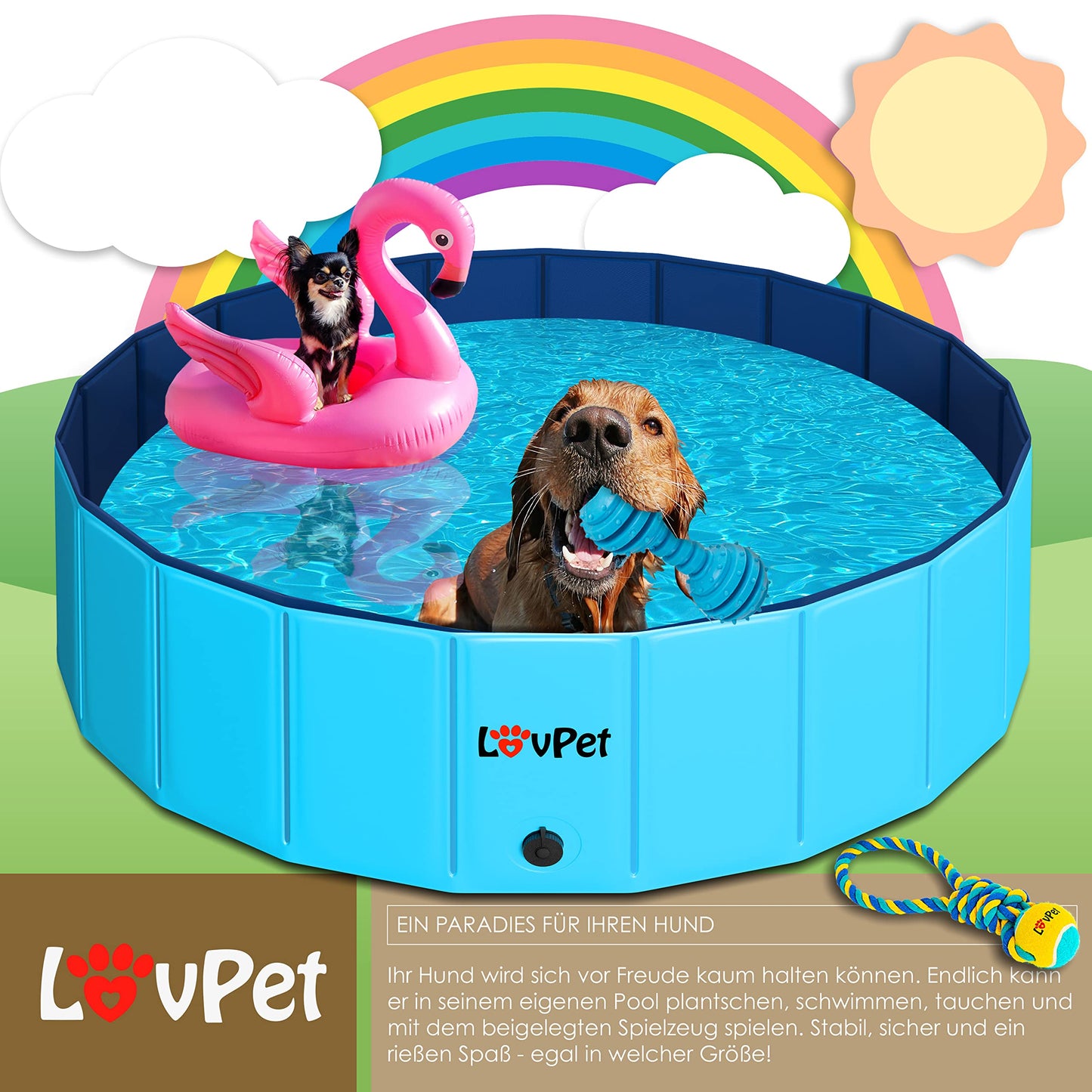 Lovpet® Piscina Plegable para Perros Grandes y pequeños, Incluye Juguete para Perros, Piscinas Plegables para niños y Perros, bañera para Perros, Azul Claro/Azul Marino (L) 120 cm Ø