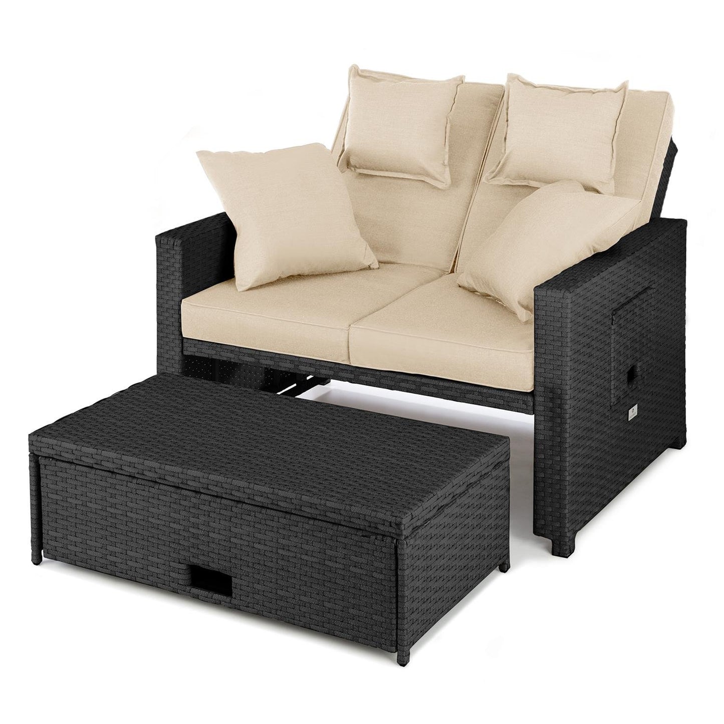 blumfeldt Komfortzone Sofá de ratán Dos plazas con Mesa Plegable (resplado inclinable, apoya pies, para jardín y terrazas, Tumbona, snackbar) - Negro