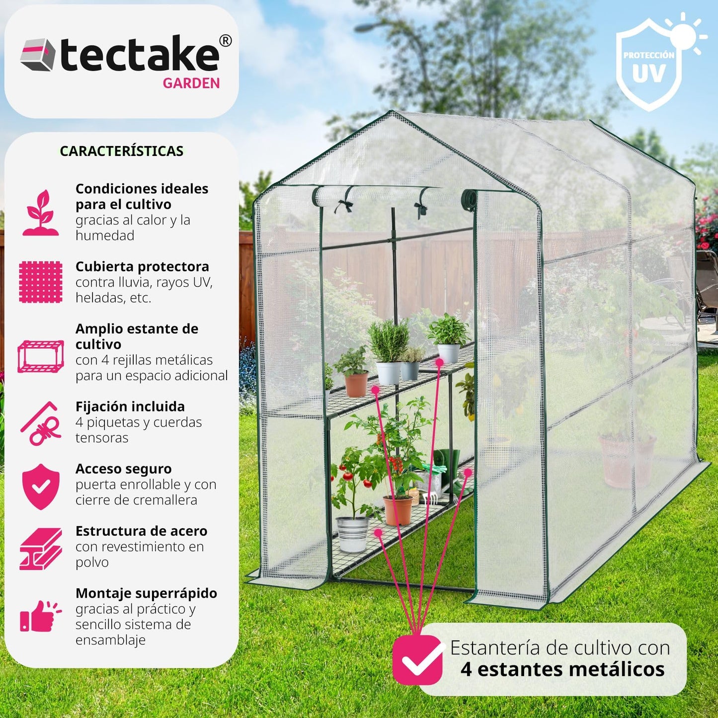 tectake® Invernadero Exterior con 4 Baldas Metálicas de Rejilla, Cubierta de PE contra UVA, Invernadero Terraza 186x120x190cm, Caseta Jardin Exterior con Cuerdas Tensoras y Piquetas, Fácil Montaje