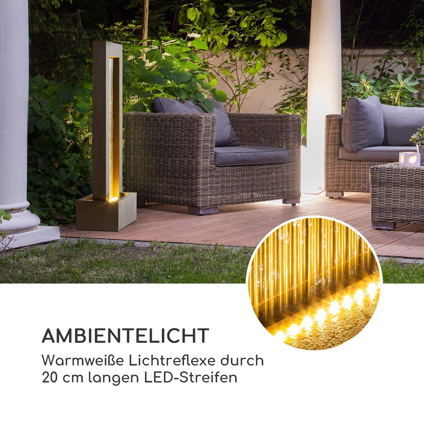 Blumfeldt Skyriver - Fuente de jardin, Para interior y exterior, Circuito cerrado de agua, Cable 10m largo, Contenedor 12 L, Circulacion 800 L/h, Iluminacion ambiental, Metal galvanizado, Bronce