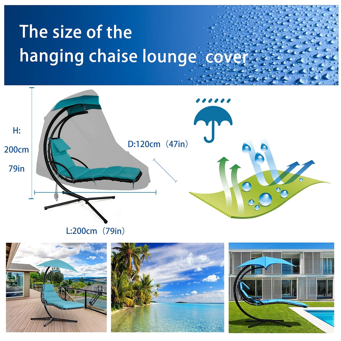 KEKAFU Funda Tumbona Colgante con Cremallera, Funda Exterior Impermeable Tumbonas Colgantes Resistente al Viento, Anti UV 210D Paño de Oxford - Negro (200 * 120cm(79 * 47in))