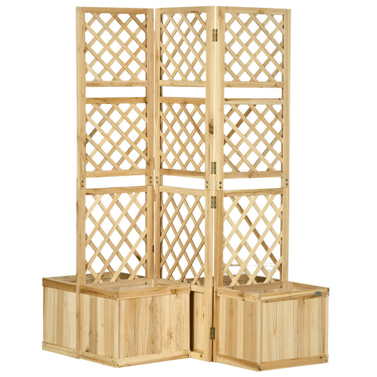 Outsunny Biombo Exterior de 3 Paneles de Madera con 4 Macetas Pantalla de Privacidad de Jardín con Orificios de Drenaje Separador de Ambientes para Terraza Patio 133x62x165 cm Natural