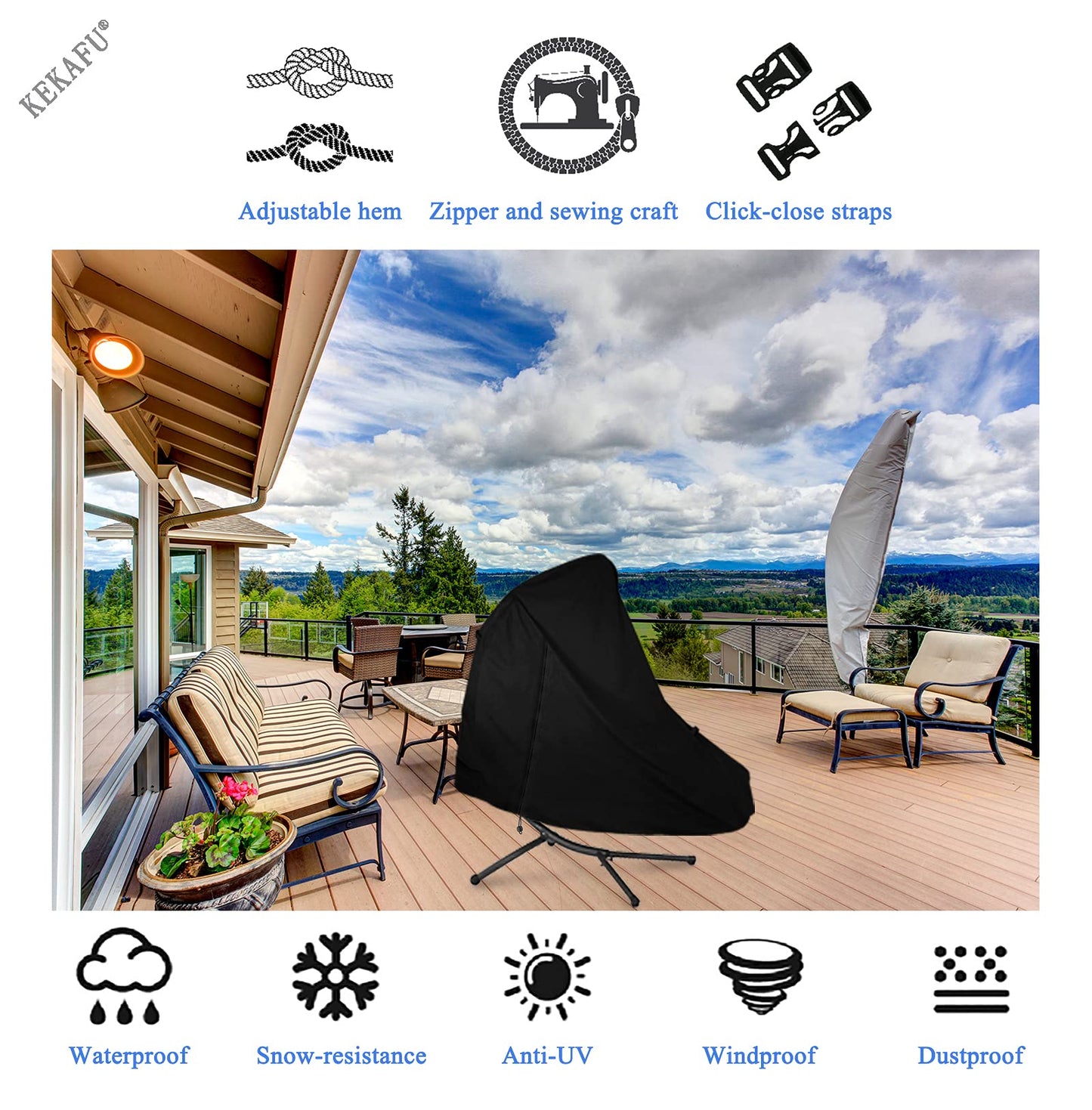 KEKAFU Funda Tumbona Colgante con Cremallera, Funda Exterior Impermeable Tumbonas Colgantes Resistente al Viento, Anti UV 210D Paño de Oxford - Negro (200 * 120cm(79 * 47in))
