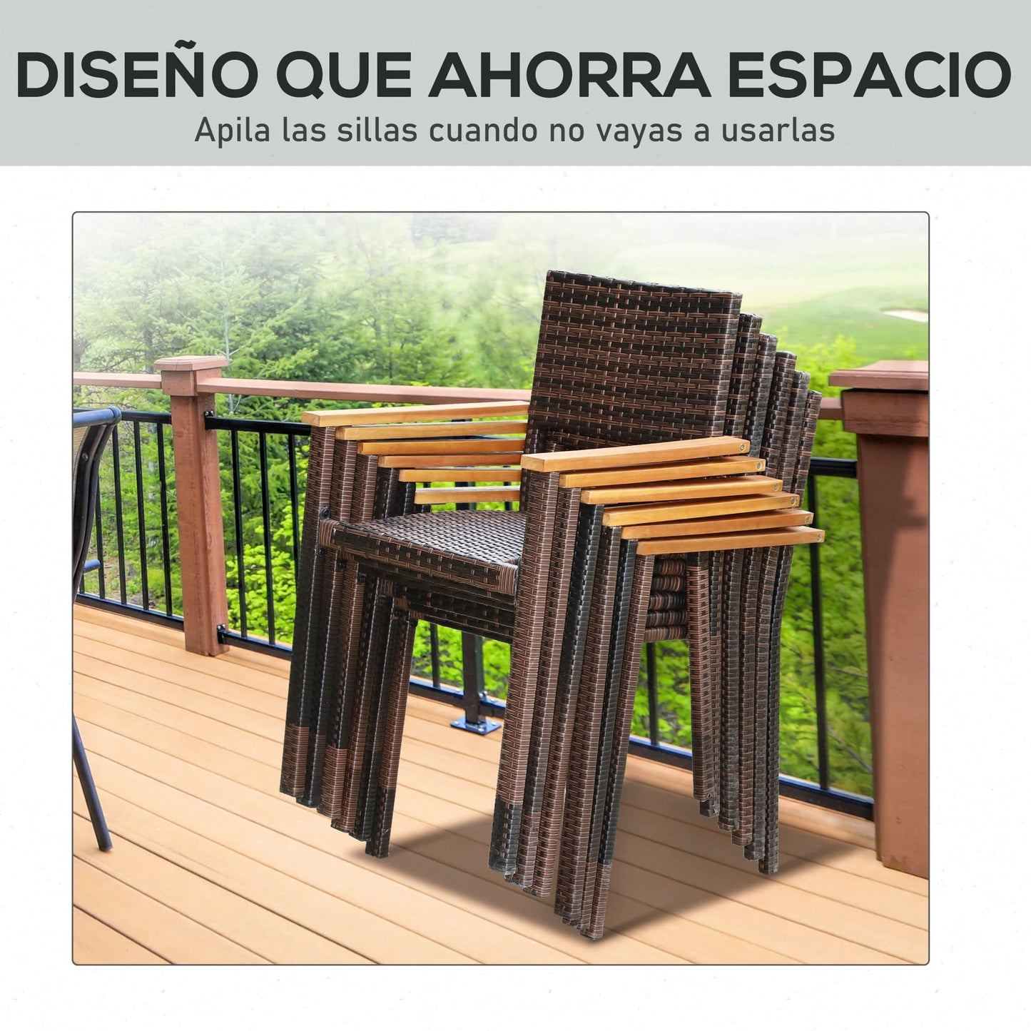 Outsunny Conjunto Muebles de Ratán Sintético para Jardín 7 Piezas Juego de Comedor de Mimbre para Exteriores con 6 Sillas con Cojines y Mesa 150x90x74 cm y 50x55x88 cm Marrón