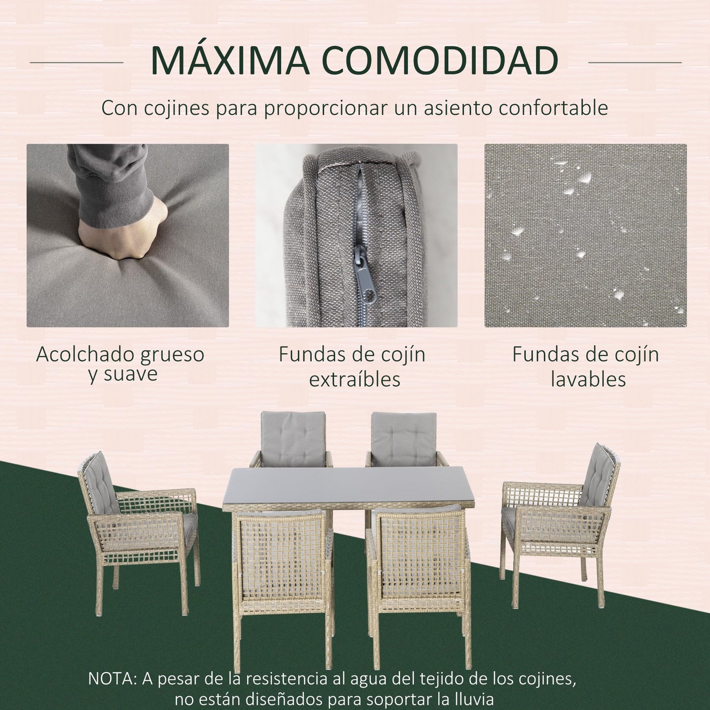 Outsunny Conjunto de Muebles de Comedor para Jardín 7 Piezas 1 Mesa de Vidrio y 6 Sillas de Ratán con Respaldo Transpirable y Cojines Acolchados para Terraza Exterior Gris y Natural