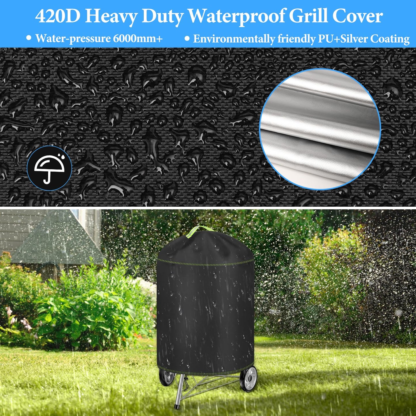Funda para Barbacoa Impermeable, VDISRR 420D Oxford Resistente al Desgarro Funda Protectora para BBQ Ø77x90cm, Cubierta de Exterior Anti-Viento/Anti-Polvo/Anti-Humedad/Anti UV