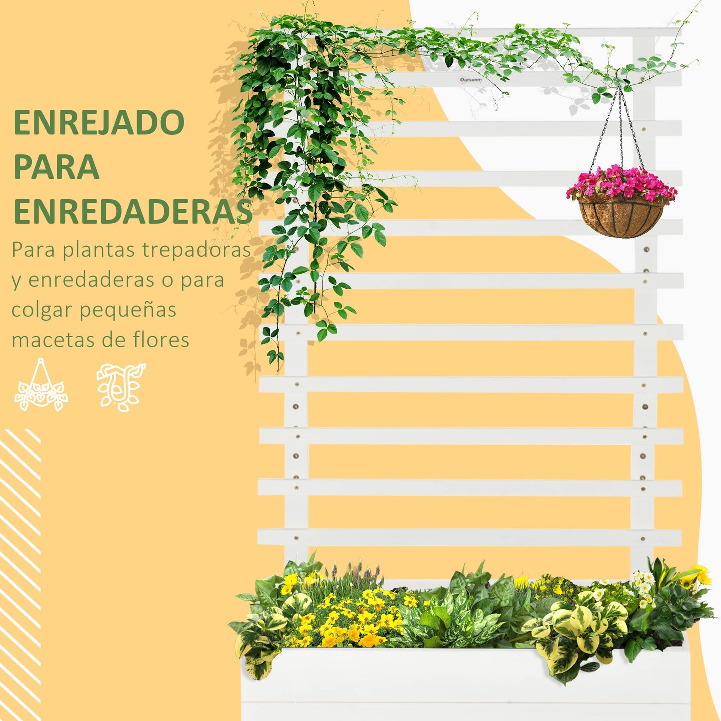 Outsunny Jardinera con Enrejado de Madera Maciza con 4 Ruedas Macetero de Jardín con Soporte para Trepadora y Tela Geotextil para Cultivos Plantas Flores 76x30x155 cm Blanco