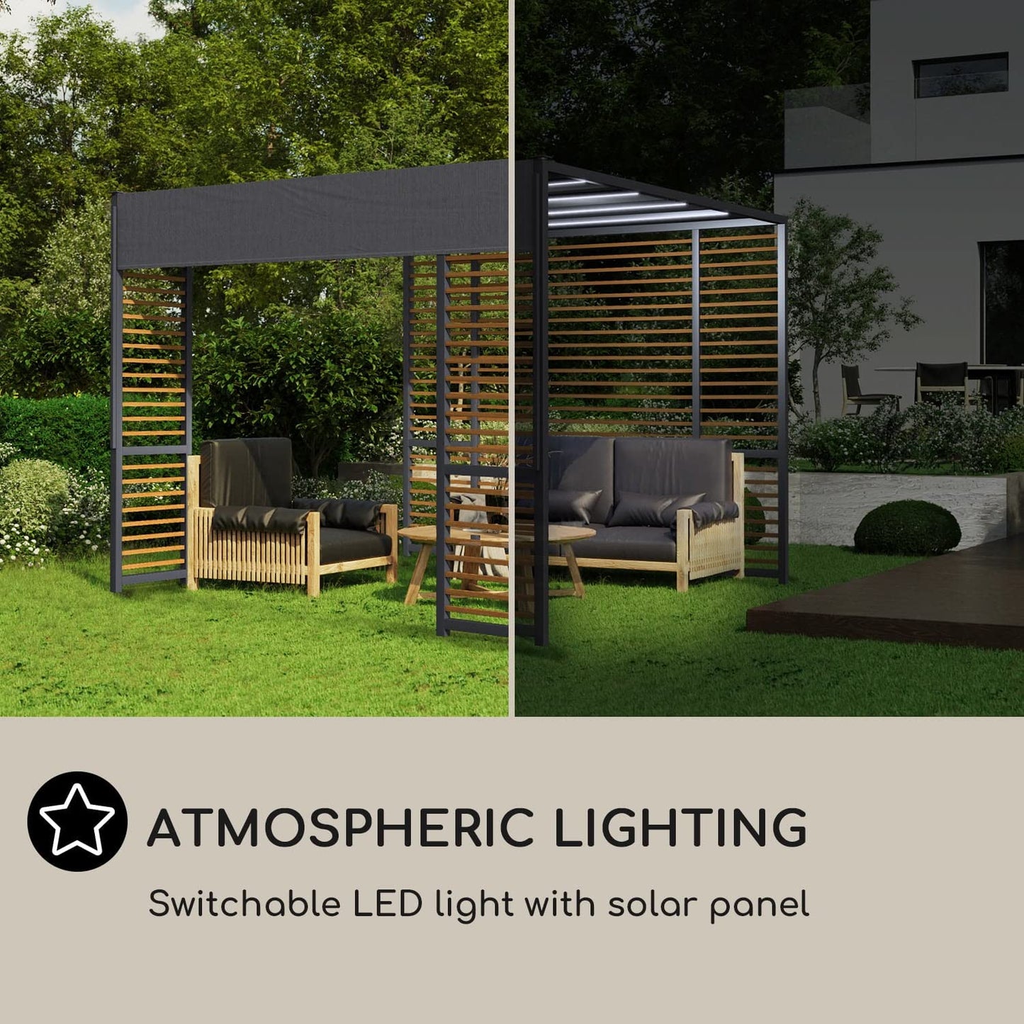 blumfeldt Carpa Jardin 3 x 3 m, Cenador para Jardin con Listones de Madera, Tamaño Grande y Resistente al Agua y Aire, Cenadores para Jardin 1,5W, Pergola de Diseño con Luces Solares LED, UV50+