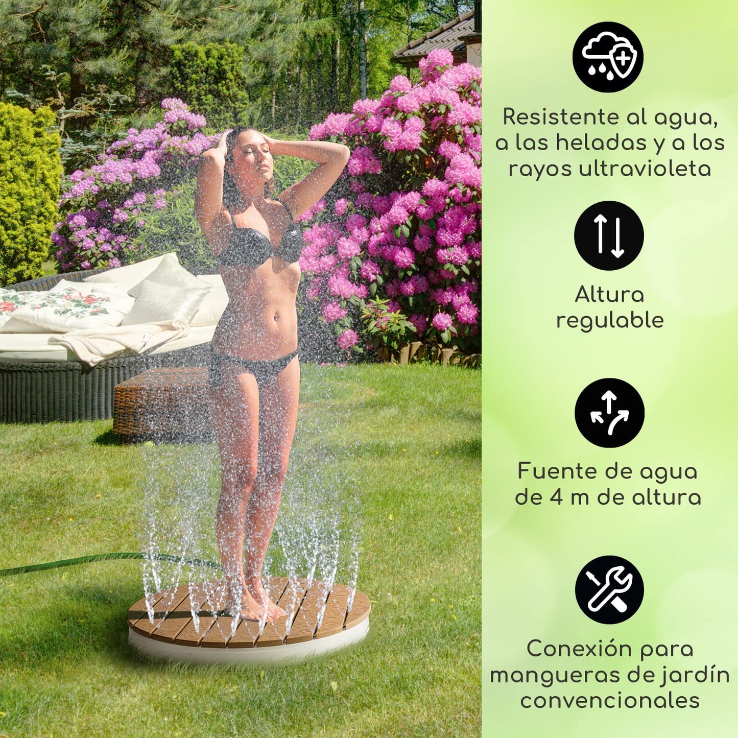 Blumfeldt Garden Shower Sumatra Breeze Round SL - ducha de jardín ducha exterior piso de ducha ducha exterior ducha de sauna, Altura ajustable hasta 4 m, Material: Aluminio / WPC, Ø 70 cm, marrón
