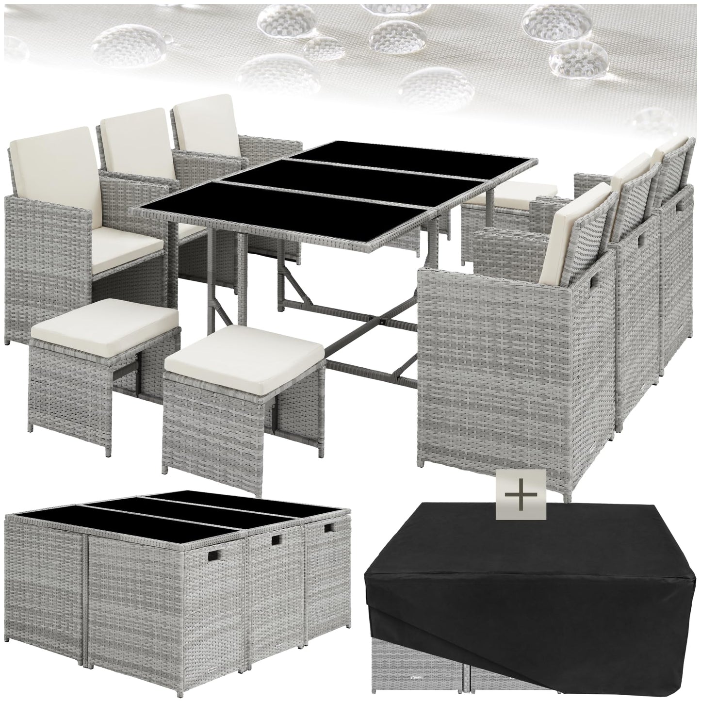 TecTake® Conjunto Jardín Exterior de Ratán y Acero, Agrupable en Cubo, Muebles Jardín Exterior Resistente a la Intemperie, para 6-10 Personas, Fundas Extraíbles y Funda Protectora - Gris Claro